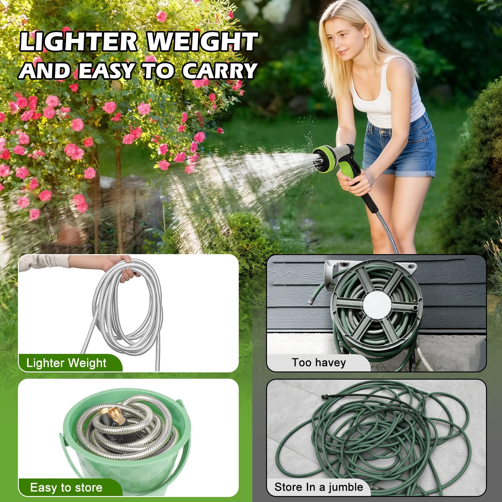Metall-Gartenschlauch, 22,9 m, Edelstahl, robuster Wasserschlauch mit 10 Funktionen, flexibel, leicht, knickfrei, auslaufsicher, stabile Schläuche, Rohr, 1,9 cm Messingarmatur für Außenbereich