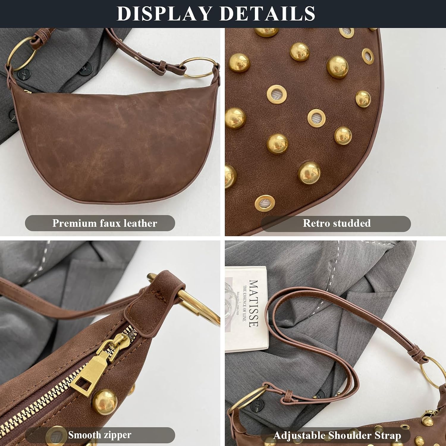 Studded Purse Trendy Studded Handbag Hobo Crescent Bags Y2K Shoulder Bag Suede Purses for Women