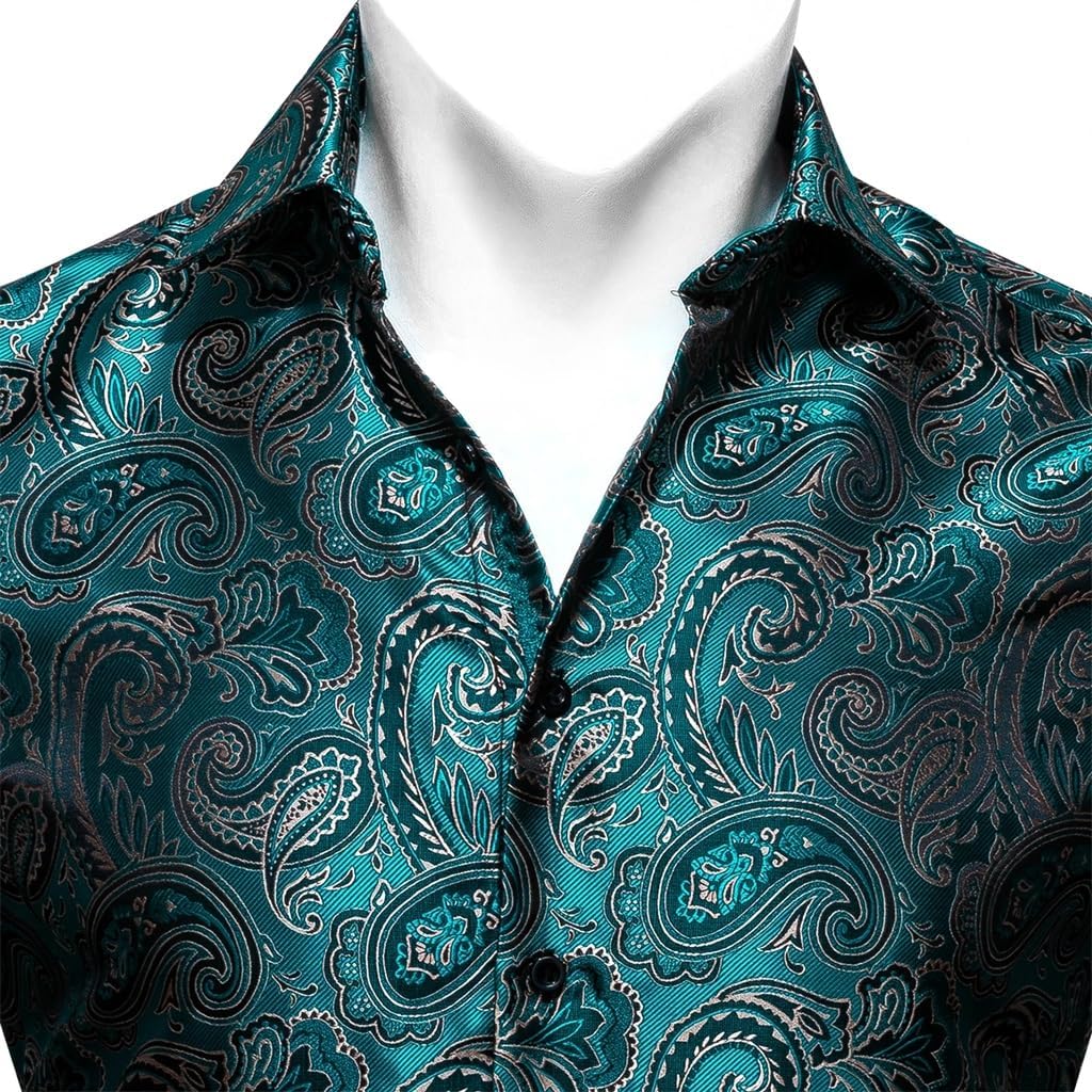 Classic Teal Embroidered Shirts for Men Paisley Silk Lapel Long Sleeve Designer Formal Fit Business Party