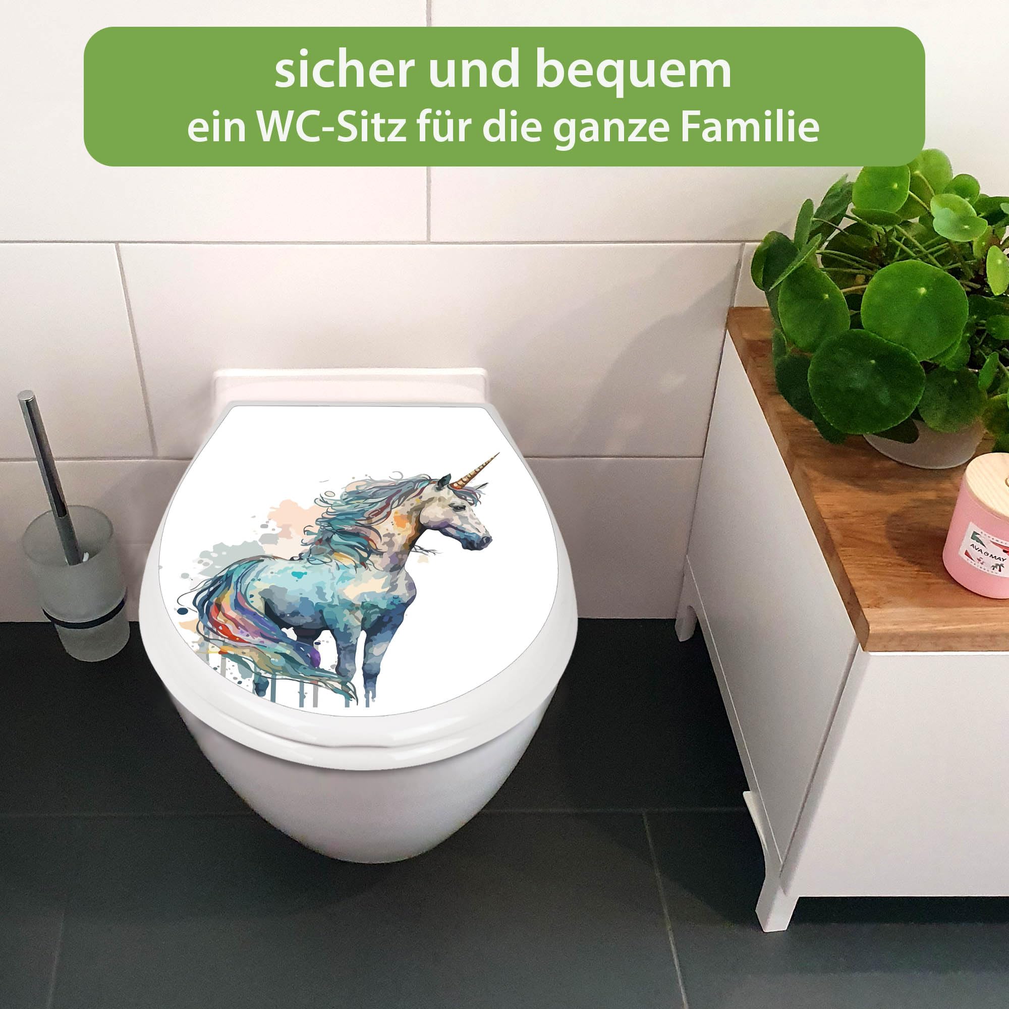 banjado Familien WC Sitz mit Absenkautomatik 44,9x37,1cm - Klobrille mit Kindersitz aus hochwertigem Polypropylen - Toilettendeckel mit Kinder Toilettensitz integriert - Motiv Magisches Einhorn