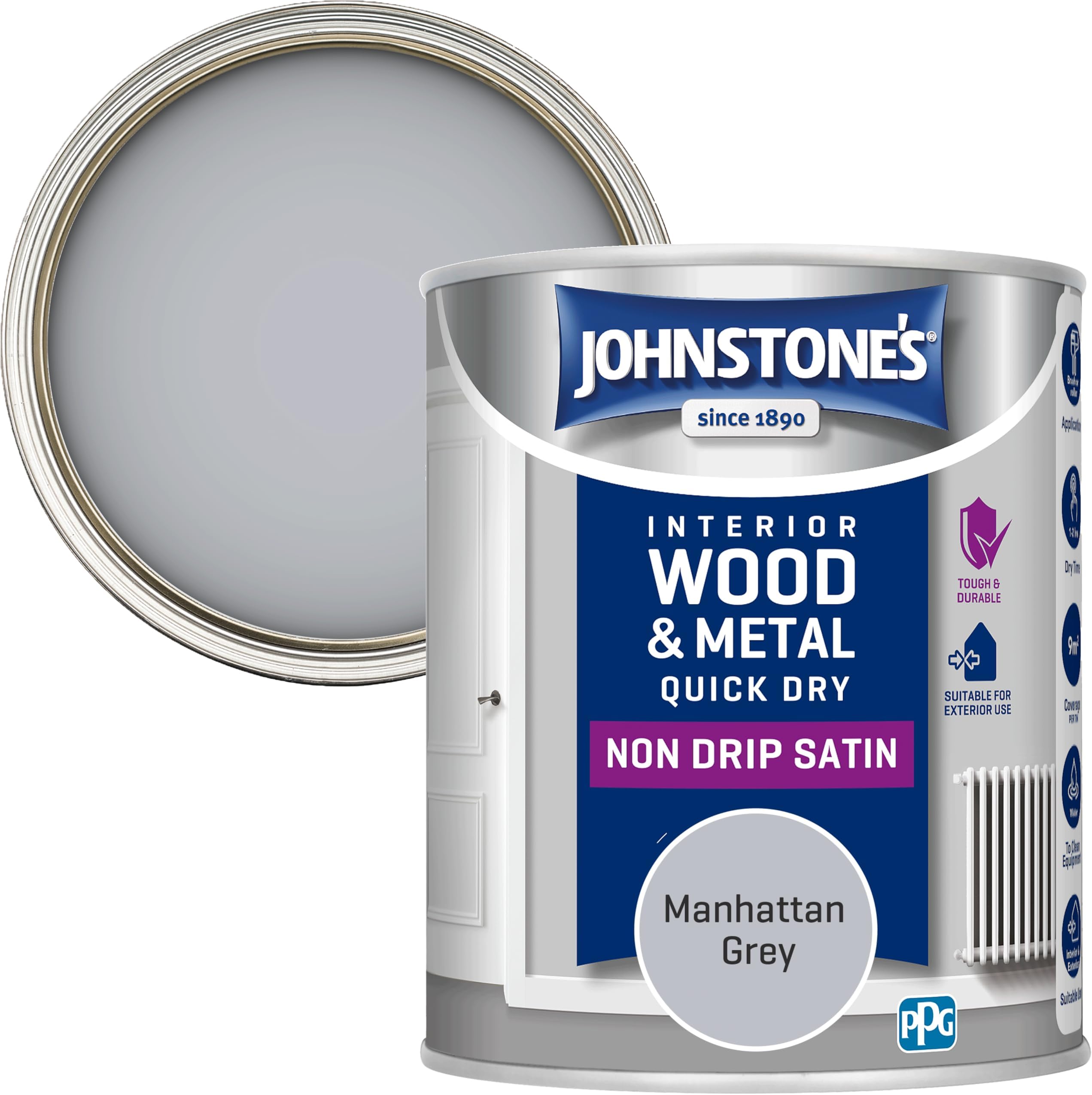 Johnstone’s - Quick Dry & Nondrip Satin Paint for Wood & Metal - Manhattan Grey | Interior & Exterior | Self-Undercoating, Low Odour, Water-Based, Dry in 1-2 Hours | 12m2 Coverage per Litre | 750ml