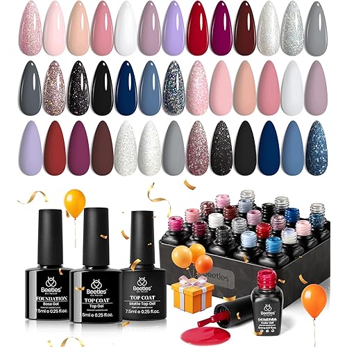 beetles Gel Polish Kit, Nude Gray Pink Blue Burgundy Glitter Gel Polish Set Modern Muse Collection with 3Pcs Base Matte Glossy Top Coat Soak off Uv Gel for Women