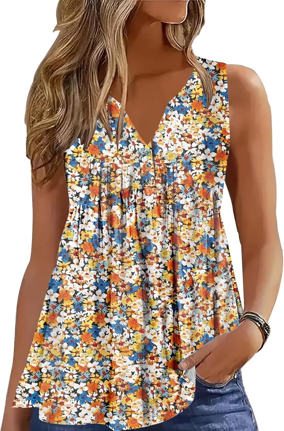 ETCYY Women Tank Tops 2026 Spring Clothes Summer V Neck Pleated Shirts Button Down Dressy Casual Sleeveless Blouse