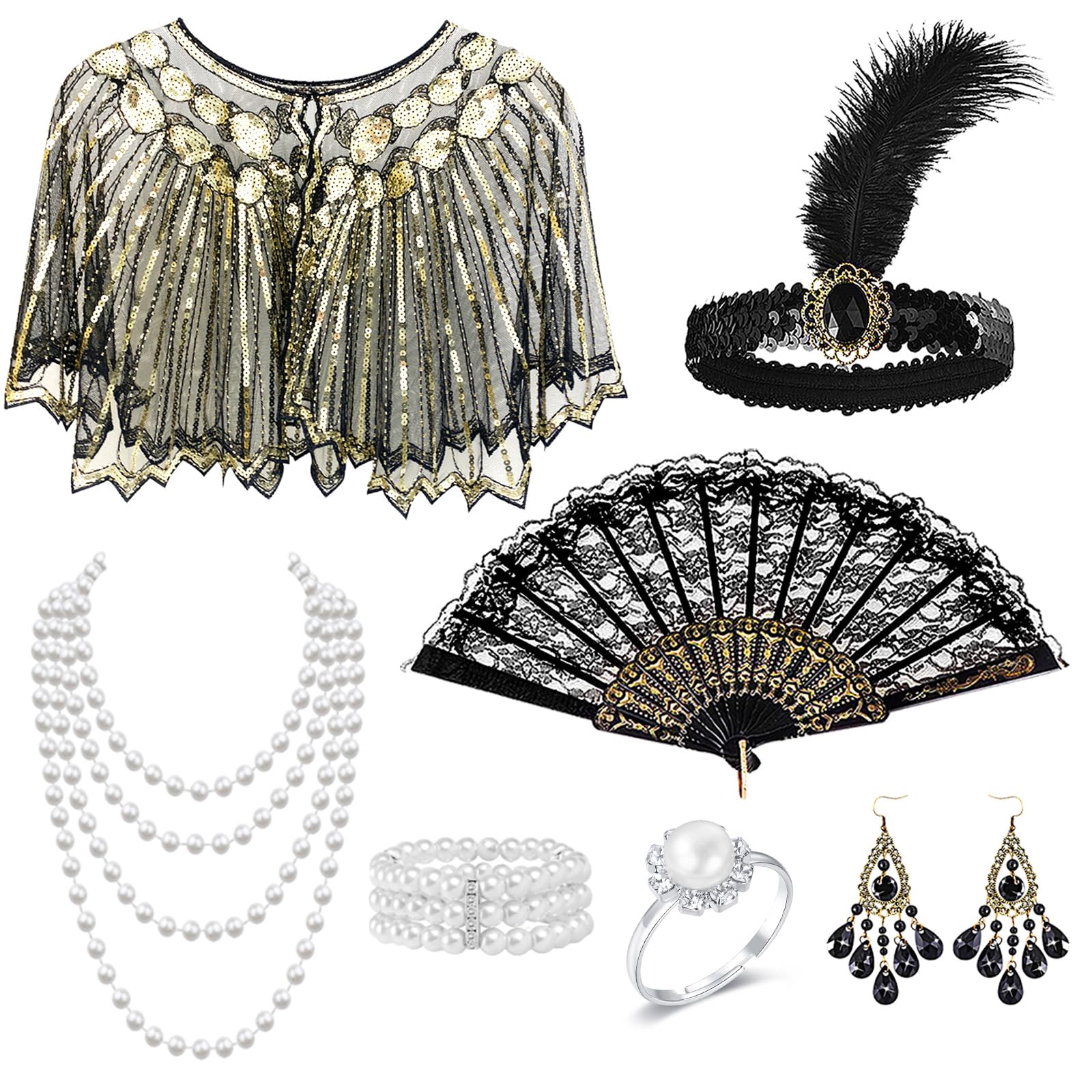 1920s Flapper Accessories Set, Great Gatsby Accessories Set Roaring 20's Theme Outfit with Sequin Fringed Beaded Shawl Headpiece 20s Vintage Accessory