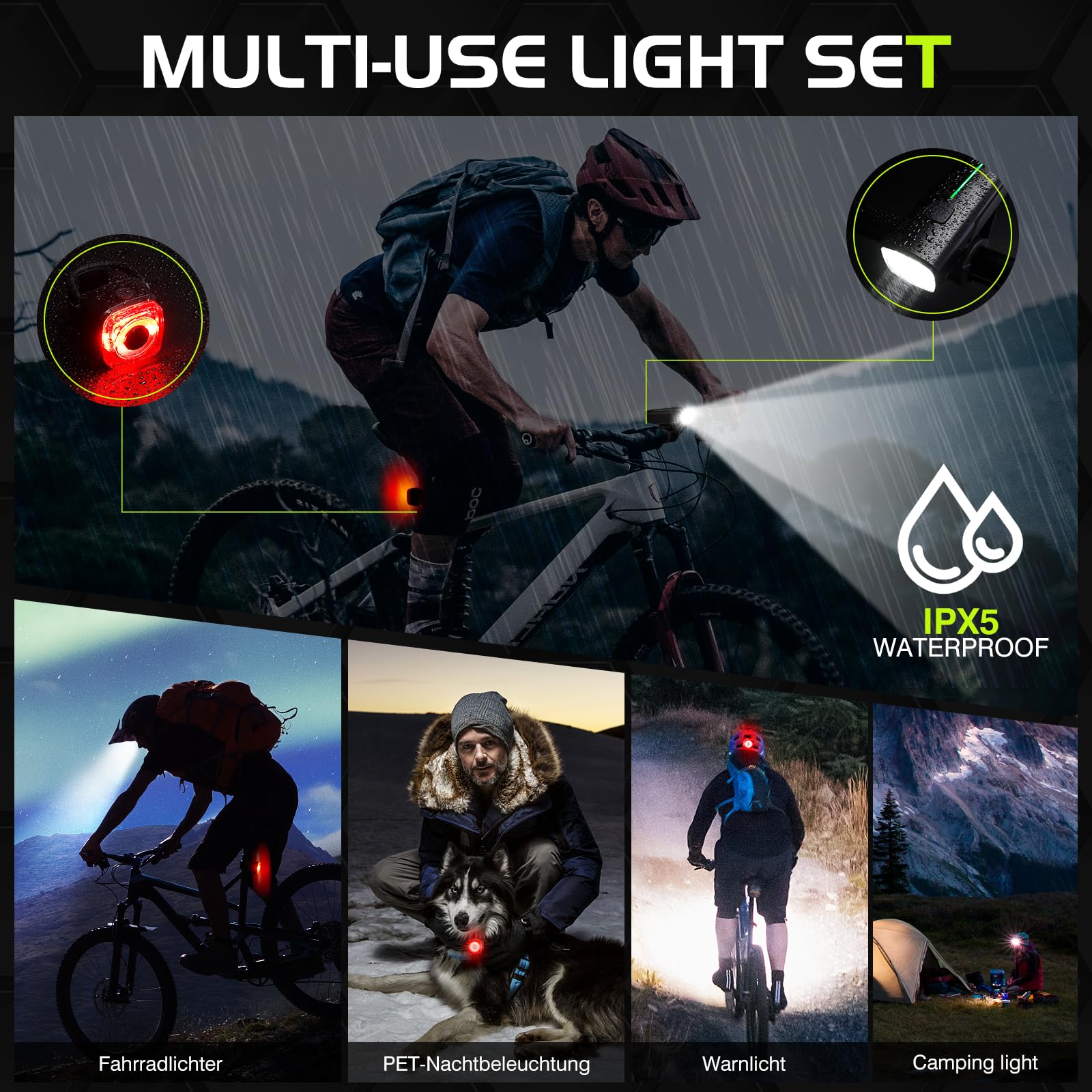 Zestaw świateł rowerowych LED, dopuszczony do ruchu drogowego (obowiązują przepisy lokalne), akumulator 2600 mAh, wskaźnik baterii, wodoszczelność IPX5, ładowanie przez USB, światło rowerowe przednie