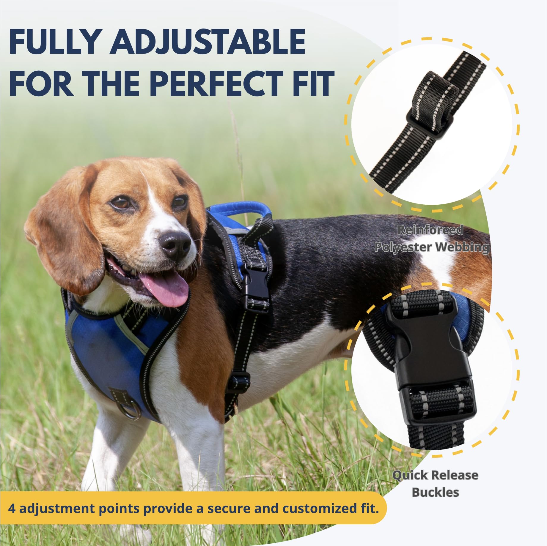 Arnés para Perros sin tirones, arnés Reflectante para Mascotas con 2 Anillos de Metal y Mango de fácil Control, Chaleco Ajustable para Mascotas para Perros medianos, Azul, M