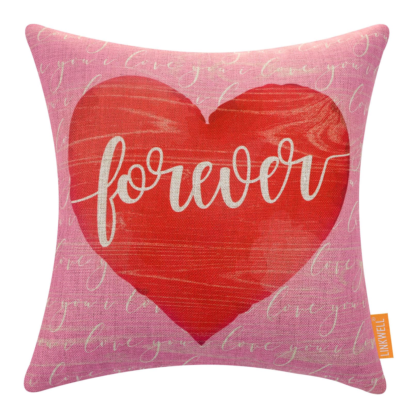 LINKWELL Valentines Day Pillow Cover 18x18, Red Heart Forever Decorative Throw Pillow Cover for Indoor Outdoor Valentine Home Decor, Retro Love You