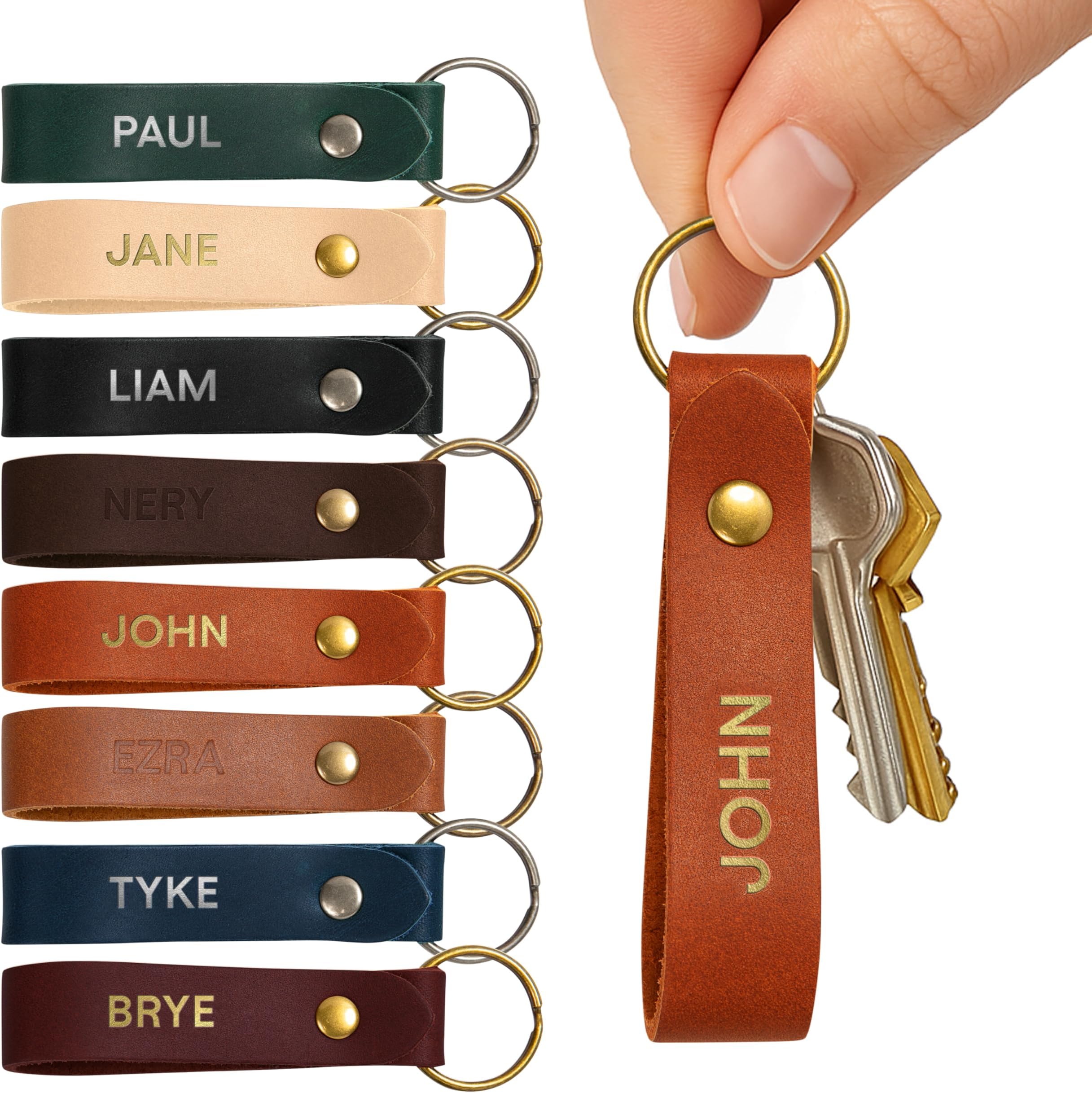 Personalized Leather Keychain – Custom Full Grain Key Ring Fob – Handmade in USA Gift for Men, Women and Couples