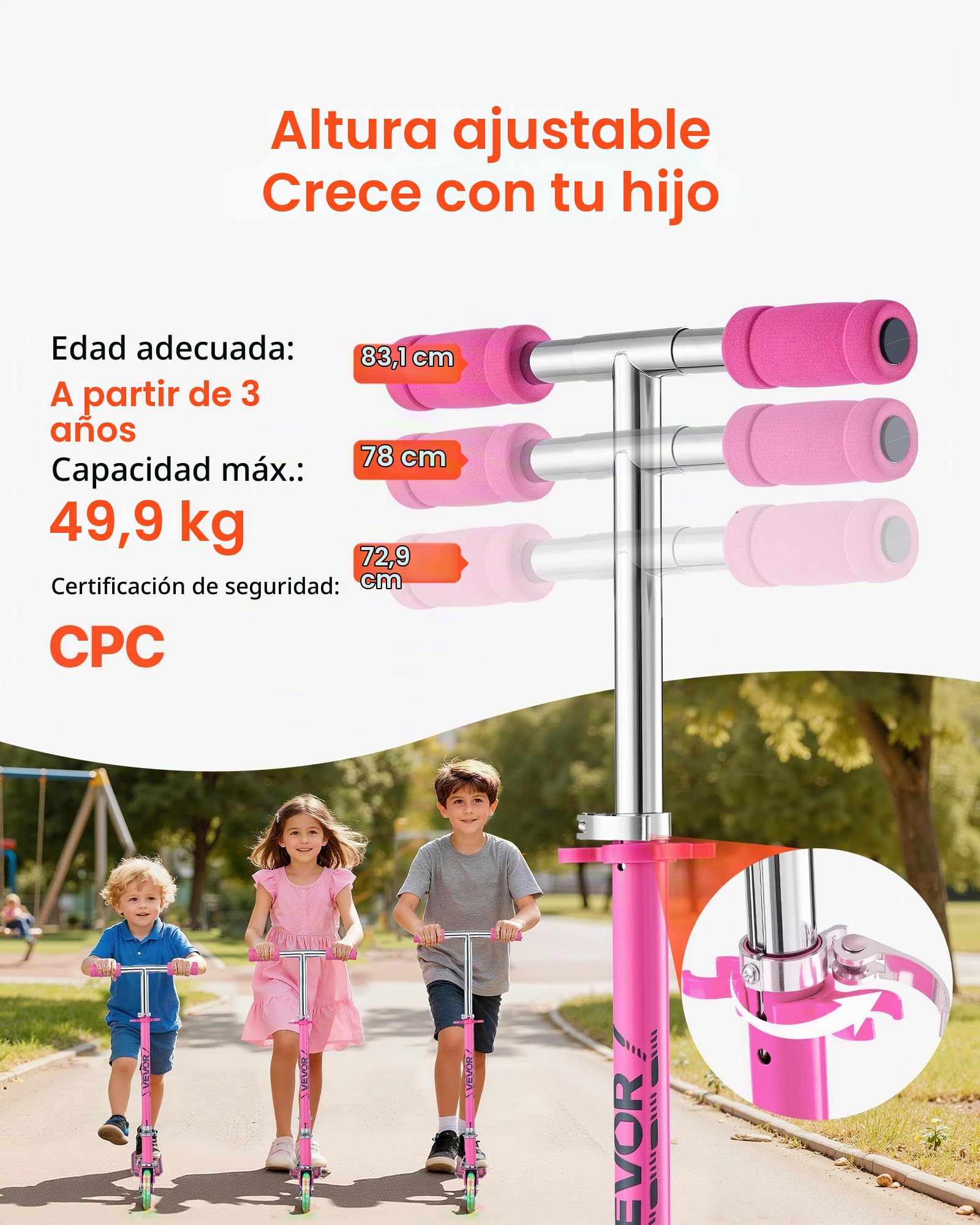 VEVOR Patinete 2 Ruedas, para Niños a Partir de 3 Años, Patinete Urbano Infantil con Ruedas Iluminadas, Manillar Regulable en Altura, Base Antideslizante y Chasis Plegable, hasta 50 kg, Rosa