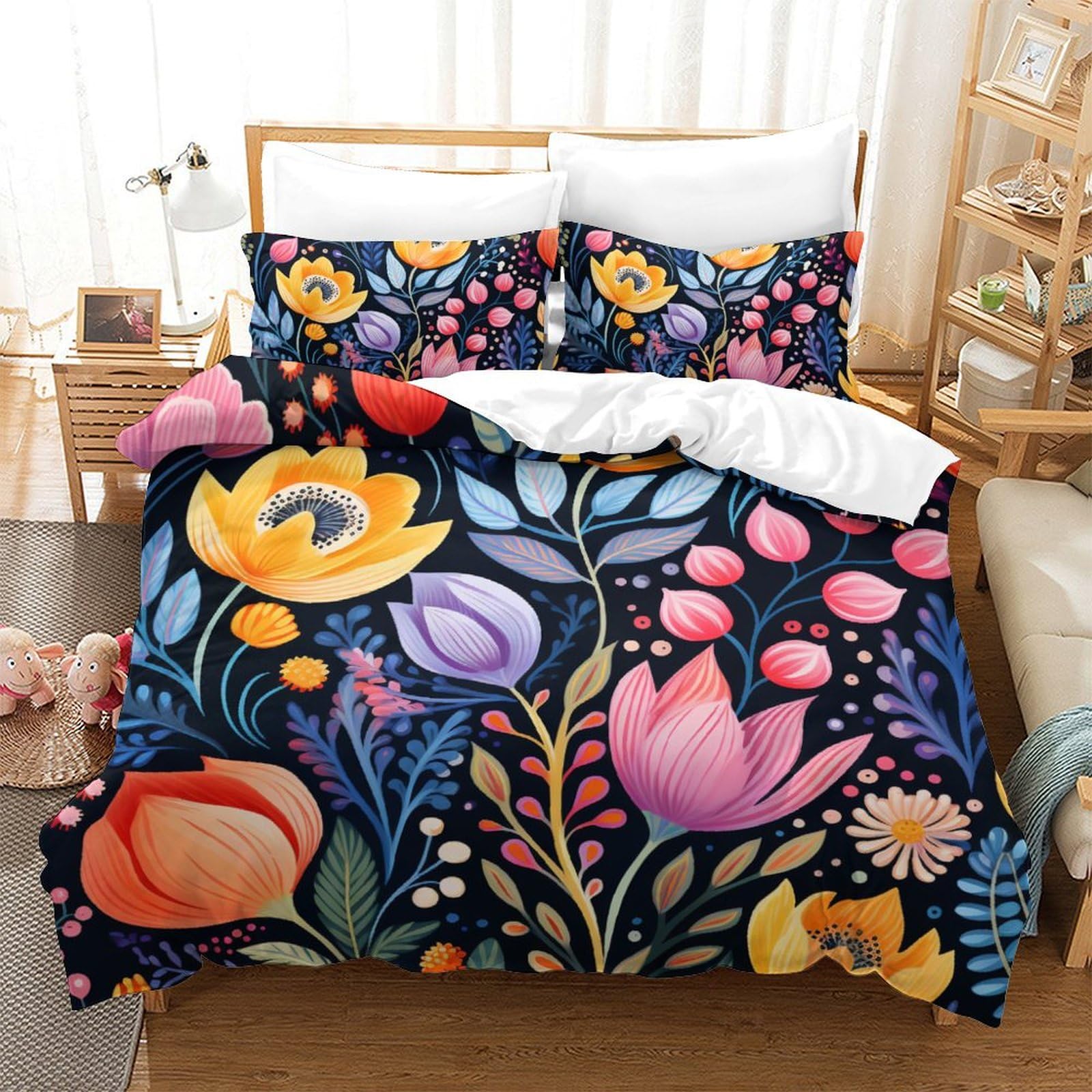 Housse de couette fleurs 3D 3 pièces lit double 200x200 microfibre zippée