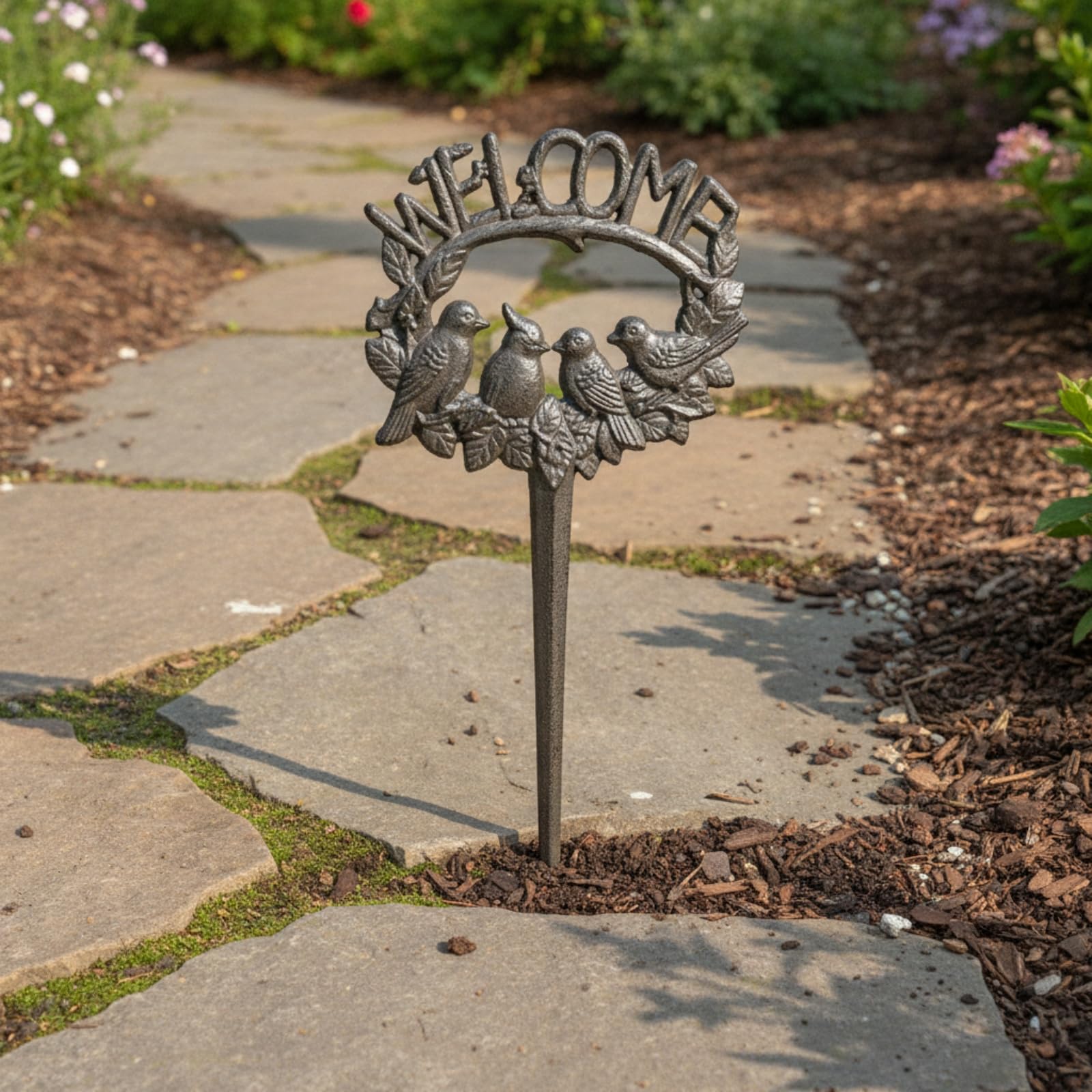Dekorativ Gartenschild mit Motiven | Willkommensaufschrift für Eingangsbereiche, Bodenschild mit Metallpfahl, Hof