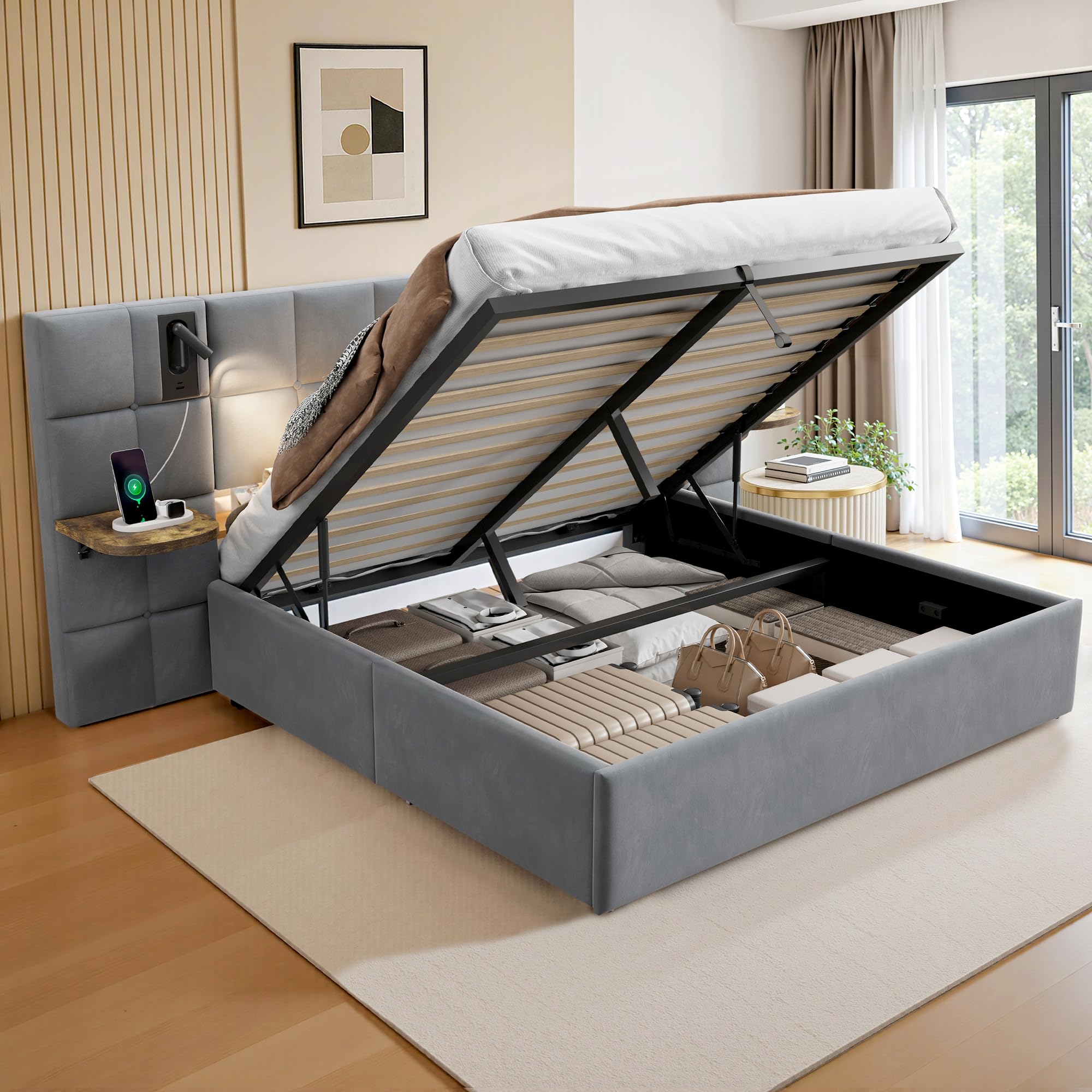 LUXOAK Polsterbett mit Stauraum, Leselampen, USB- & Typ-C-Anschlüssen, seitlichen Ablagen, Gasdruckfeder-Stauraum,Modernes Stoffbett, 140×200cm, Hellgrau
