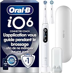 Oral-B Brosse A Dents Electrique iO 6 Blanche, 5 Modes De Brossage Dont Blancheur Et Soin Des Gencives, Capteur De Pression, Ecran Interactif, 2 Brossettes De Rechange Oral B, Etui De Voyage