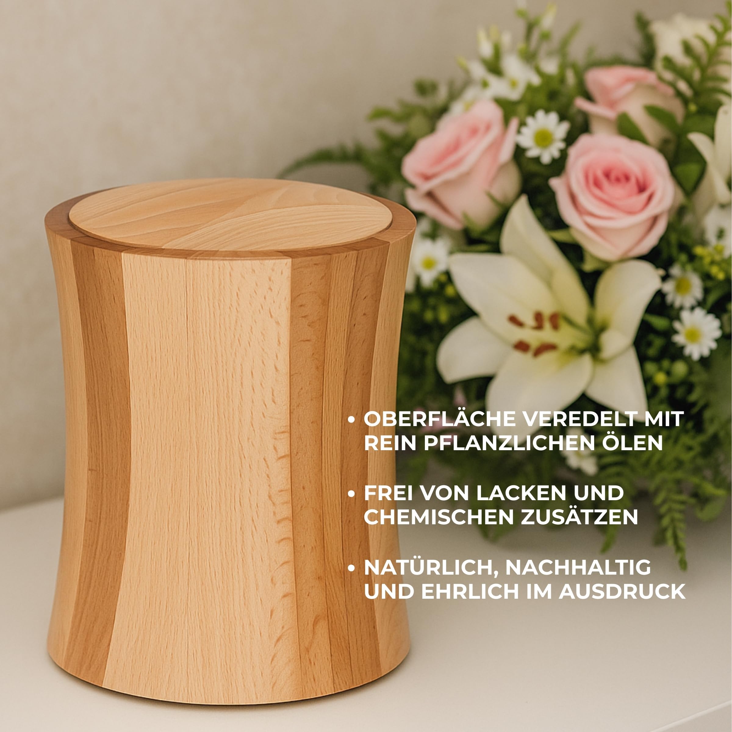 AROBA Handgefertigte Urne aus Buchenholz in Zylinderform – 5 L Volumen für Menschliche Asche – Natururne für Aschekapsel – geölt, schadstofffrei, schlicht, nachhaltig & stabil