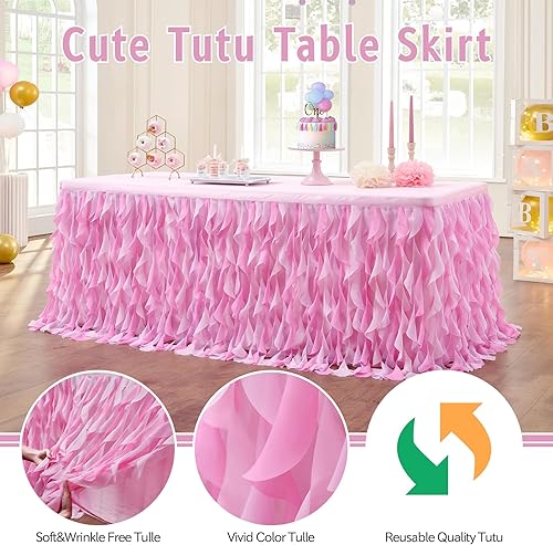 Miniatura 3 de leegleri Falda de mesa tutú rosa bebé de 9 pies, falda de mesa de tul para mesas rectangulares y redondas, mantel de tutú con volantes para