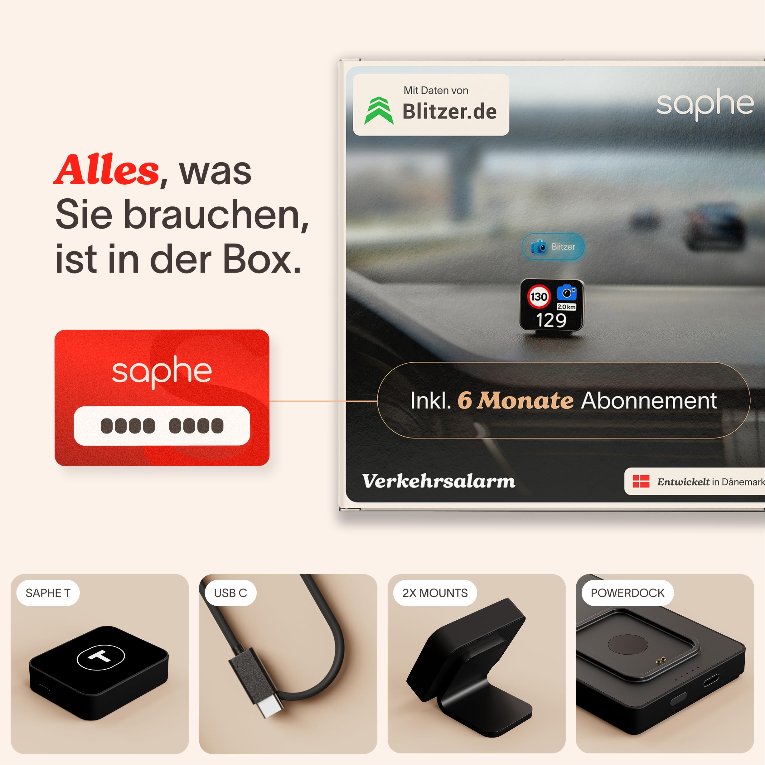 Saphe T Verkehrsassistent für Auto. Fahr sicher, Jeden Tag. Warnt vor Blitzern, Gefahren und Staus. Zeigt Tempolimits und Tempo-Warnung. Inkl. 6 Monate ABO.