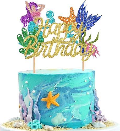 1 paquete de decoración de pastel de sirena para pastel de feliz cumpleaños, caballito de mar del océano, estrella de mar, cola de sirena,