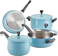 Vista 1 de Farberware 120 Limited Edition Stainless Steel Cookware Pots and Pans Set with Prestige Kitchen Tools, 10 Piece, Aqua Blue