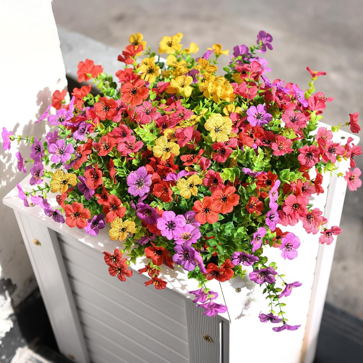 HNNFMY Artificial Flowers Outdoors 8 Bundles UV Resistant Fake Flowers Daisy with Eucalyptus Leaves Silk Flower Greenery Boxwood for Garden Porch Patio Decoration(Mix Pink Red Purple Yellow)