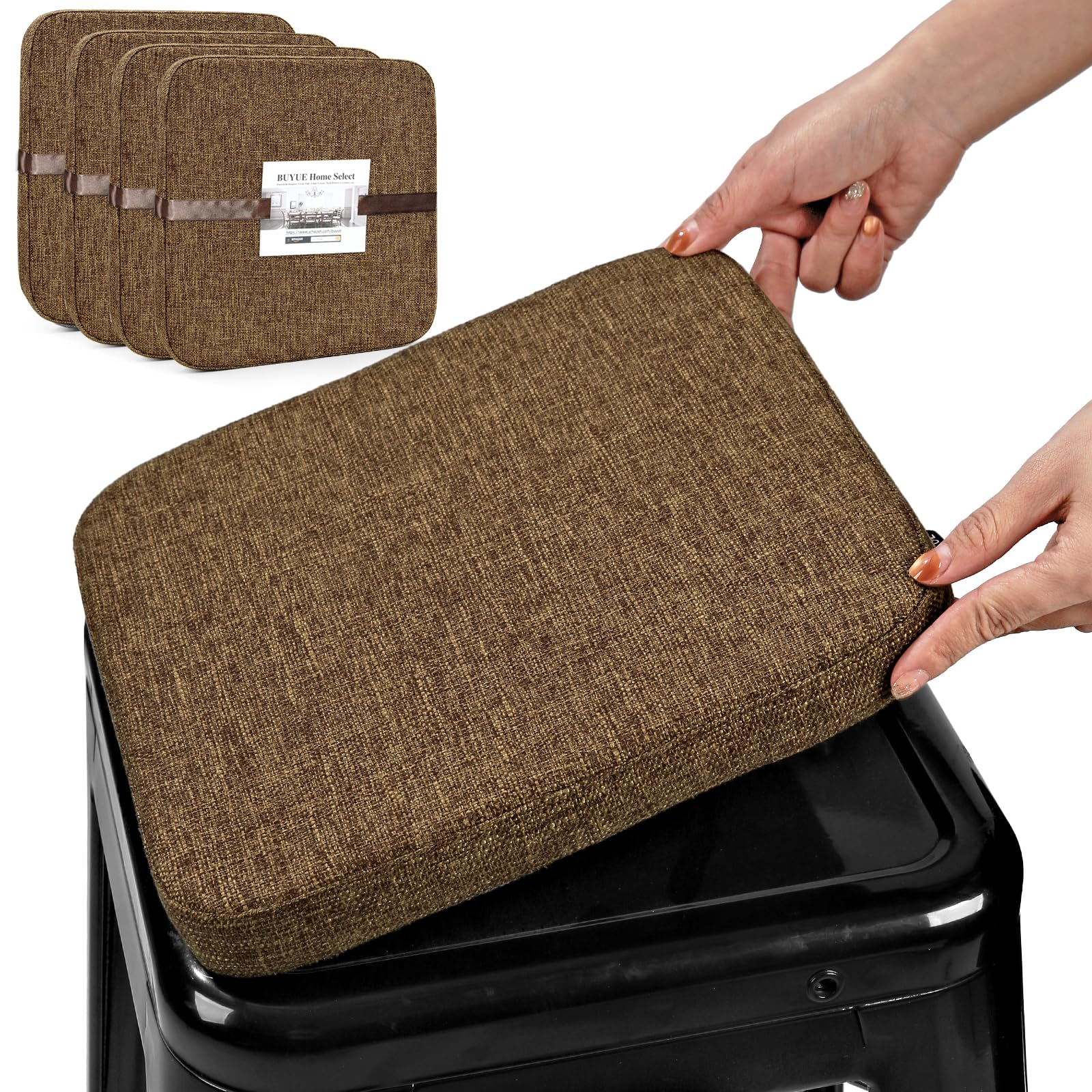 Glattol BUYUE - Juego de 4 cojines magnéticos de lino natural, antideslizantes, transpirables, para asiento de silla pequeña, para cafetería, bistro, apilables, de metal, cuadrados, 4 unidades