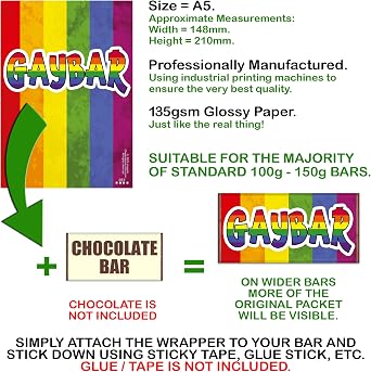 Triple Pack - 3x Gaybar Novelty Chocolate Wrappers Funny Rude Gay Bar Joke Girlfriend Boyfriend Husband Wife Birthday Secret Santa Gift Prank Fun Friend Present. Pack of 3. (Chocolate Not Included)