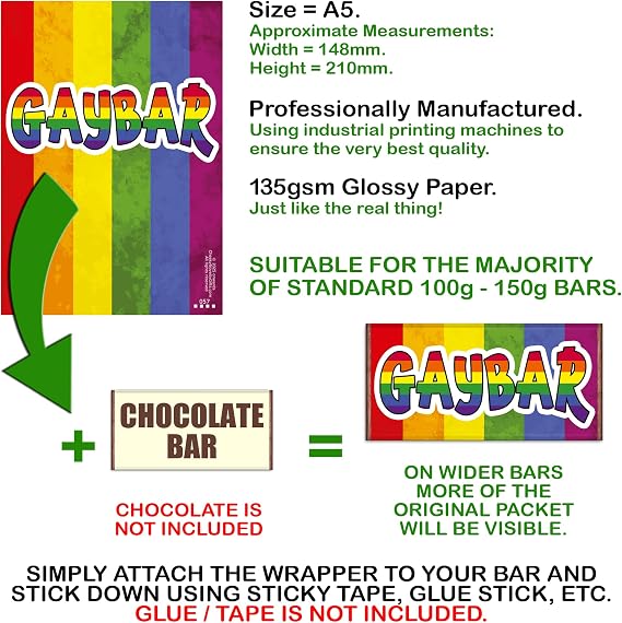 Triple Pack - 3x Gaybar Novelty Chocolate Wrappers Funny Rude Gay Bar Joke Girlfriend Boyfriend Husband Wife Birthday Secret Santa Gift Prank Fun Friend Present. Pack of 3. (Chocolate Not Included)