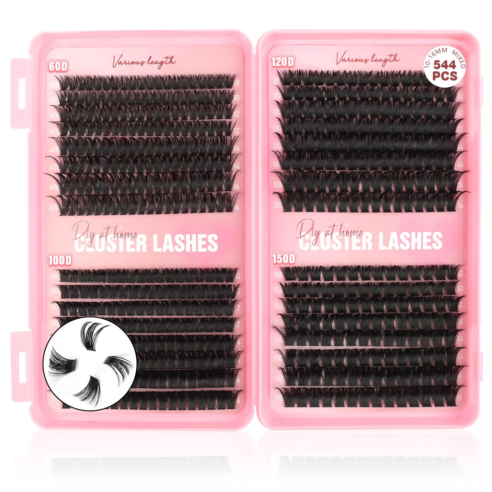 Parriparri Volumen Wimpern Extensions 544 Stück D-Curl Individuelle Cluster Extensions 60D/100D/120D/150D in 10-16mm Wimpernverlängerung für DIY zu Hause