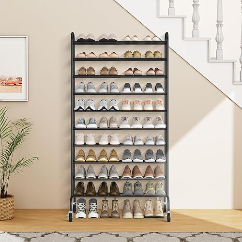 Miniatura 7 de STORAGE MANIAC Zapatero expandible de 10 niveles, 44 pares de zapateros verticales altos, organizador de zapatos ajustable de metal resistente para