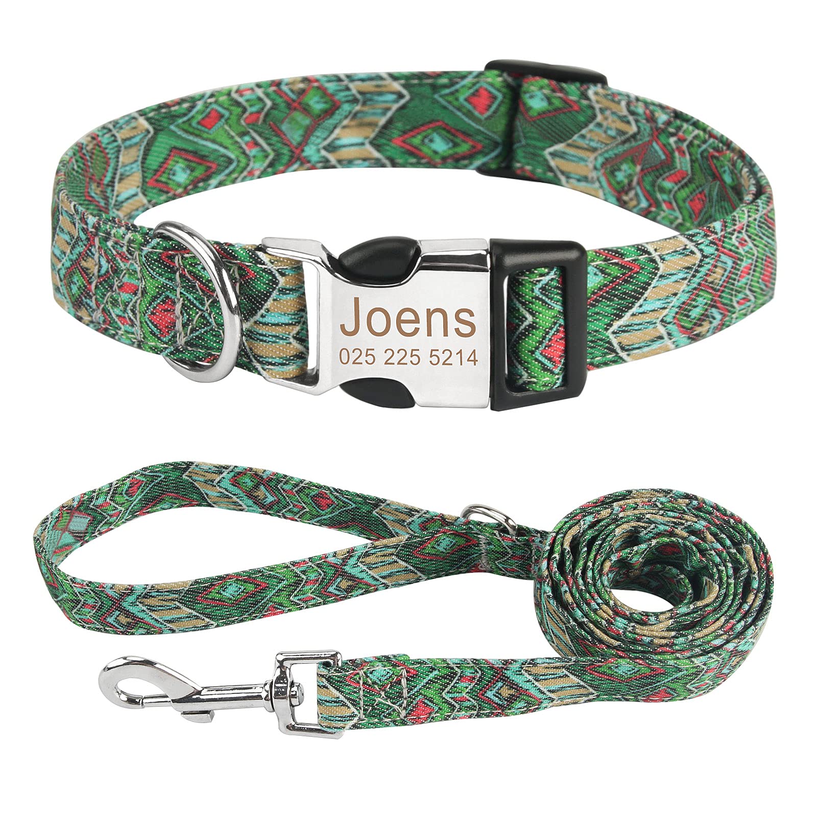 Personalised Dog Collars and Lead Set, Free Engraved Name and Phone Number Dog Collars, Adjustable Retro Nylon Puppy Collar with D-Ring and Metal Buckle for Small Medium Large Dogs(M,Green-Set)