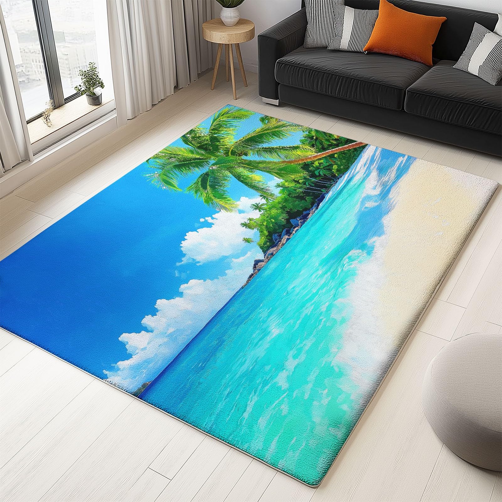 Générique Tapis de Salon Lavable en Machine 140 x 200 cm Doux à Poils Courts Moelleux Style Tropical Tapis antidérapant, Vagues de Plage Palmiers et Îles pour Le l'entrée, la Chambre et la Cuisine