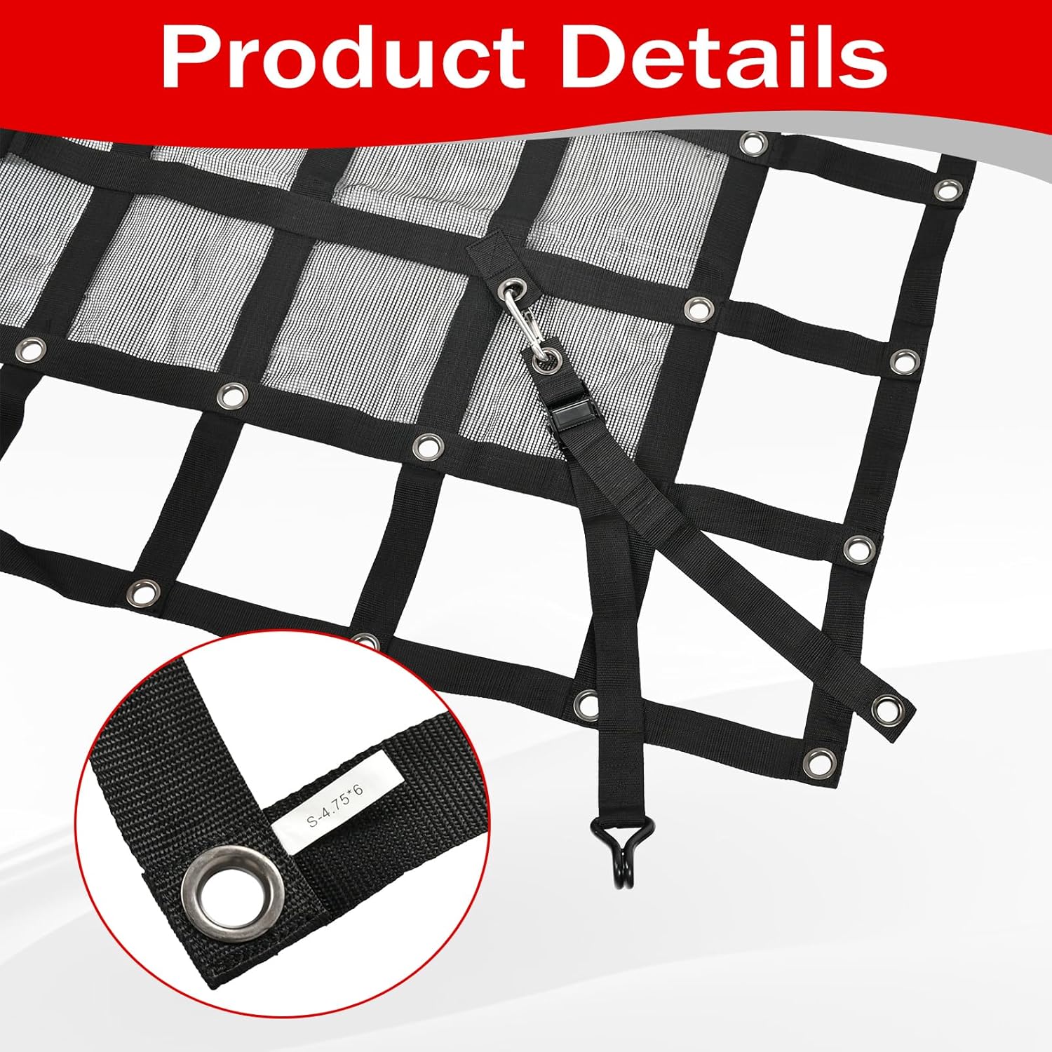 Heavy Duty 57" x 72" Truck Bed Cargo Net with Adjustable Cam Buckles & S-Hooks & Cross Strap,4.75' x 6' Cargo Net with 1500LBS Capacity for Pickup Truck Bed Trailer SUV Jeeps - Image 6