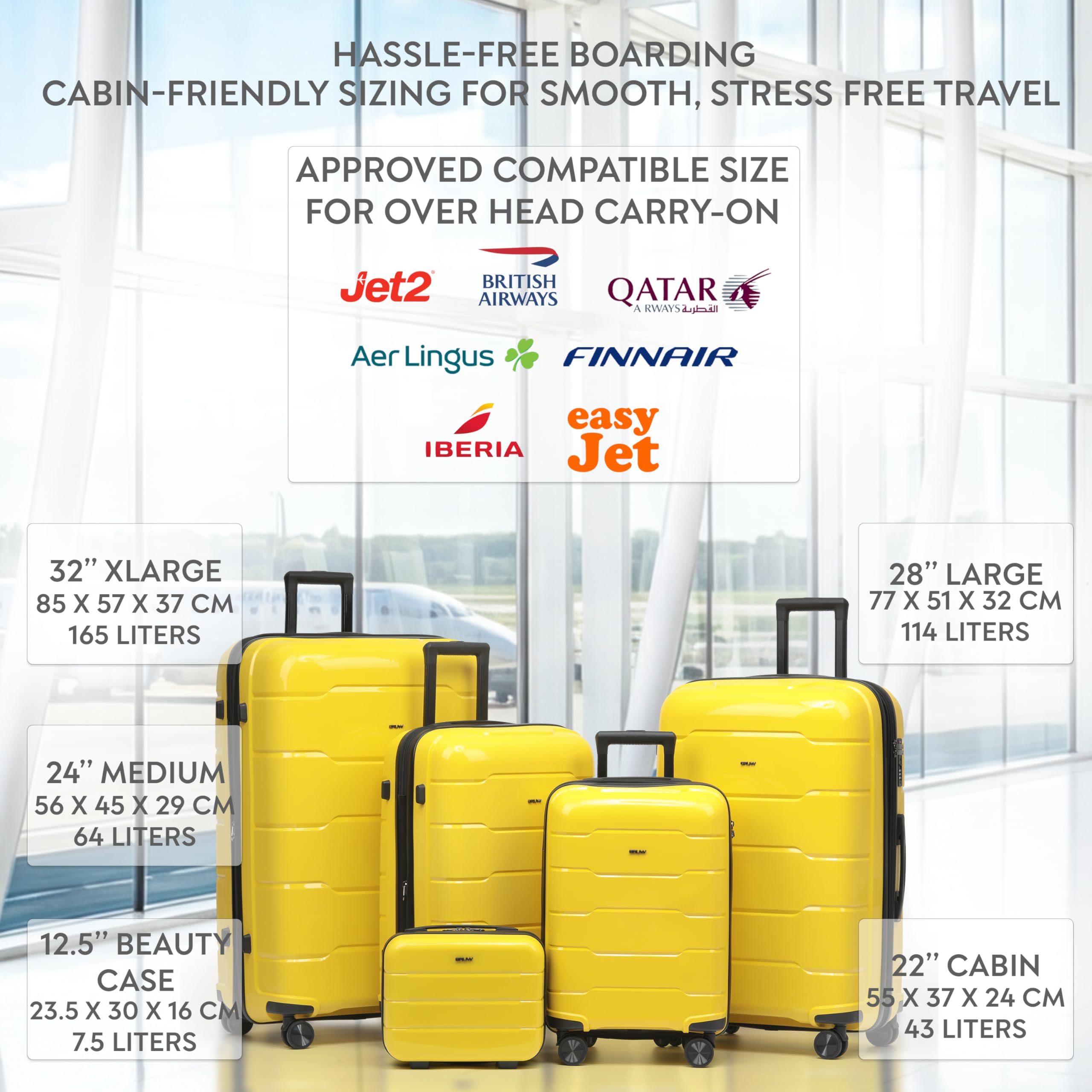 CRUW 5-Piece Luggage Set Expandable Polypropylene Suitcase Set TSA Locks 8 Silent Spinner Wheels Lightweight Nested Suitcases Travel Set easyJet British Airways Jet2 Airline-Approved Carry-On Yellow