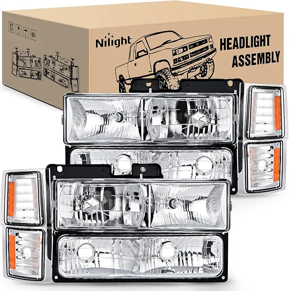 Nilight Headlight Assembly Compatible with 1994 1995 1996 1997 1998 Chevy Silverado Tahoe Suburban C10 C/K 1500 2500 3500 Replacement Headlamp Chrome Housing Amber Reflector Bumper Corner Lamp