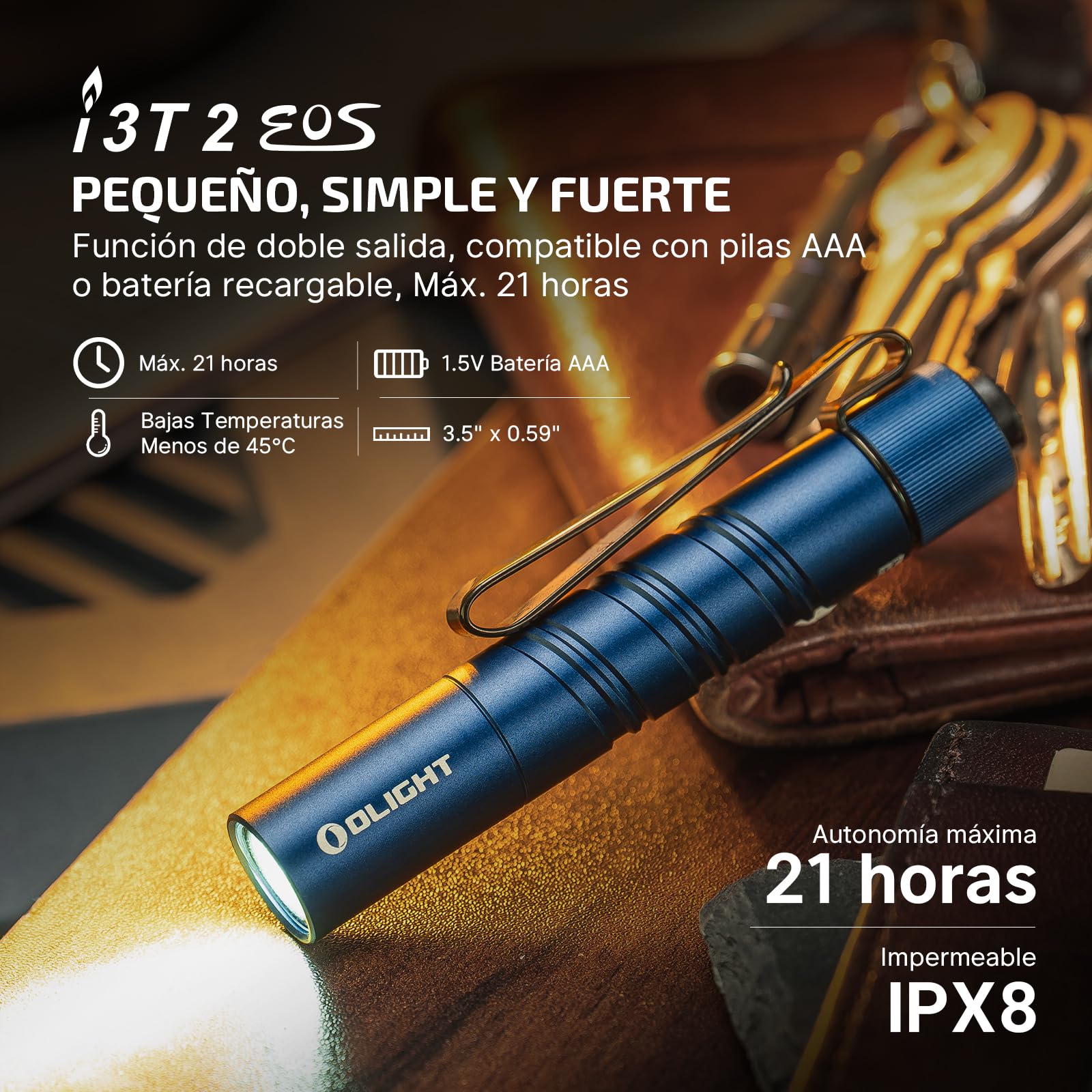 OLIGHT I3T 2 EOS LED Linterna Llavero,Mini Linterna,Antorcha Pequeña Luz Portátil de Alta Potencia,200 Lúmenes,con 2 Modos de Luz,Batería AAA Alkaline Incluida(Azul)
