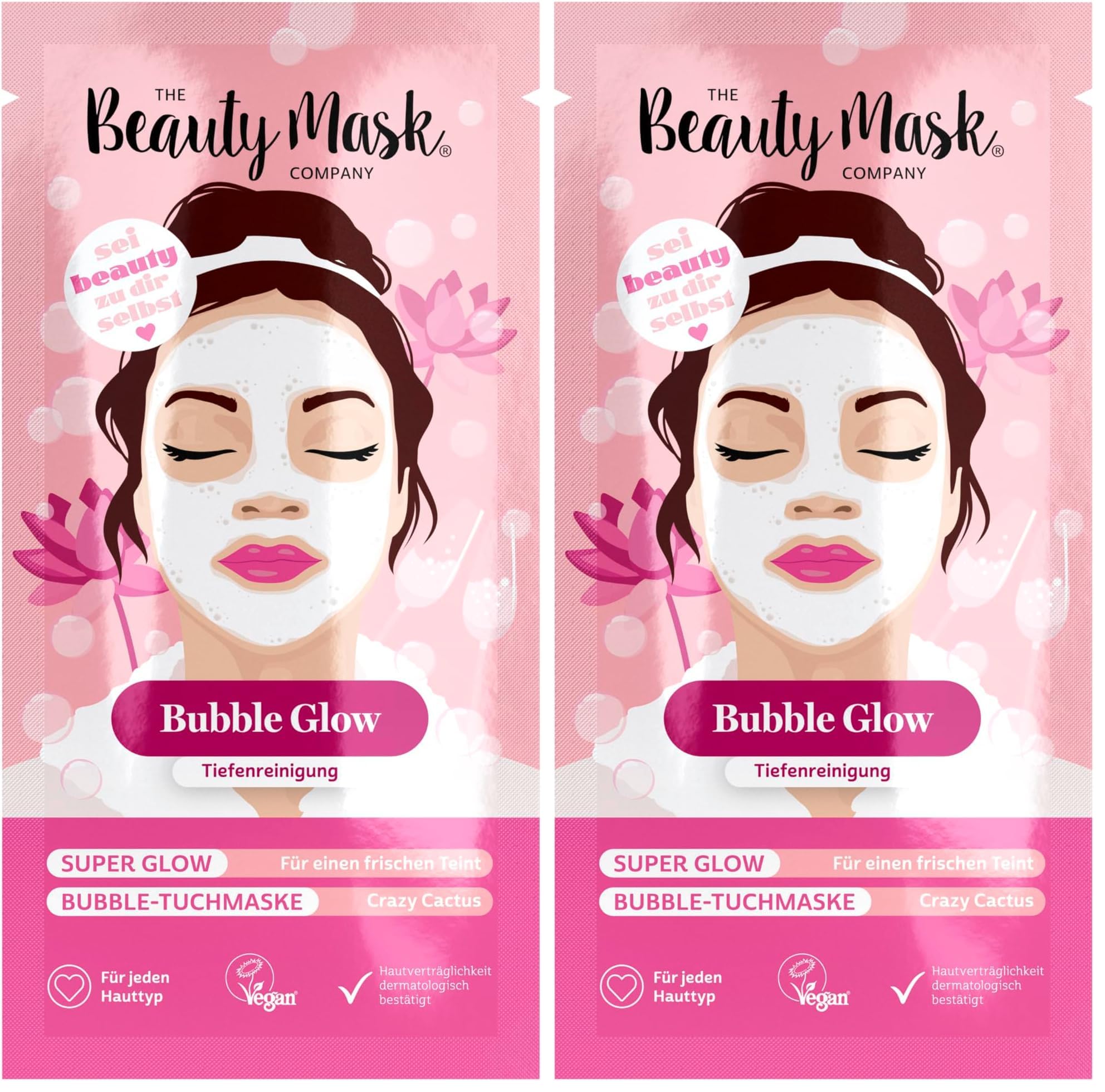 The Beauty Mask Company Crazy Cactus Bubble Mask, 1 Sachets, Reinigungs-Tuchmaske mit Kaktus-, Wasserlilienextrakt & Hyaluron, Hautpflege für jeden Hauttyp, vegan (Packung mit 2)