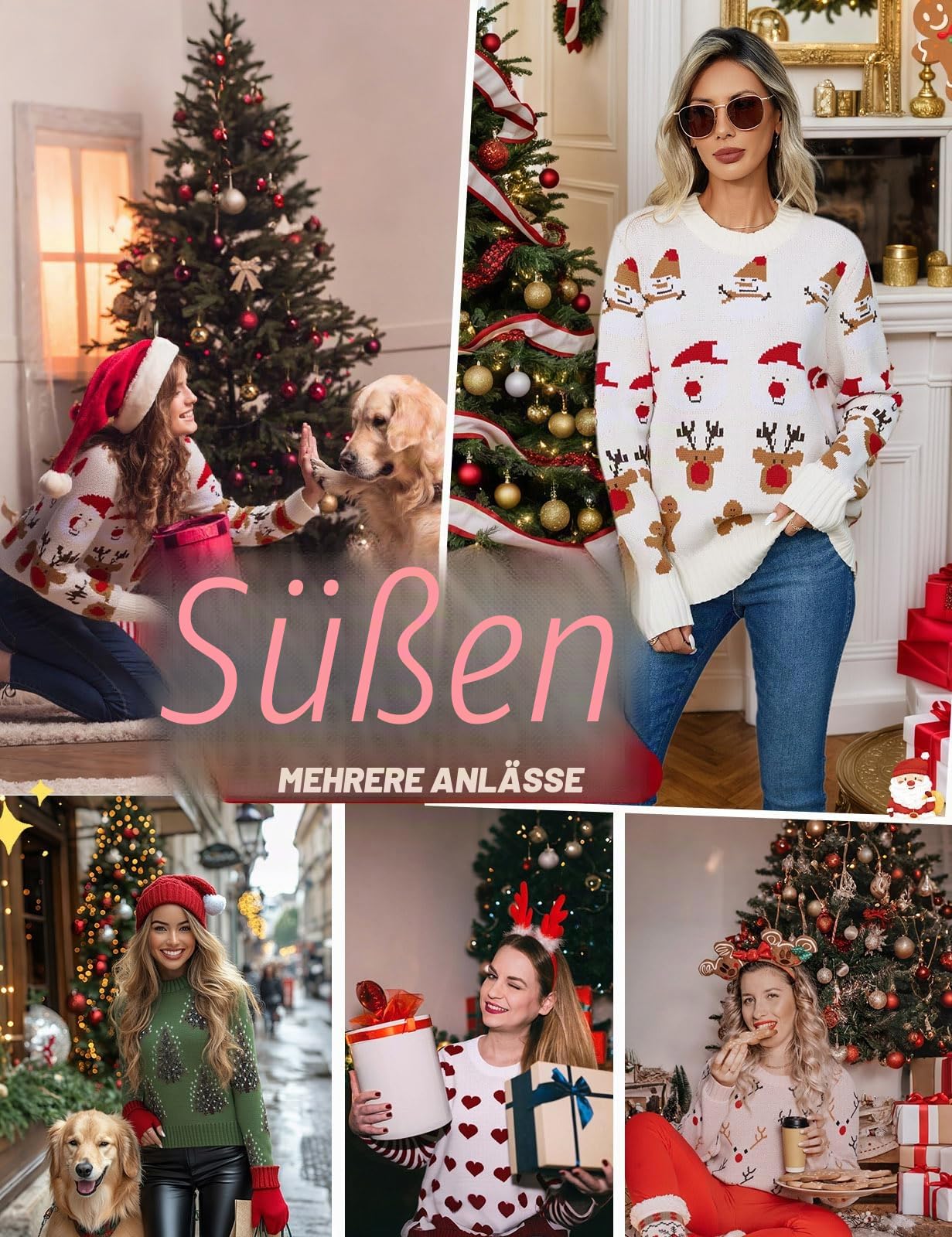 Weihnachtspullover Damen Lustige Pullover Warm Christmas Strickpullover Winter Rundhals mit Schneemann Elch Rote Herzstreifen Grün Weihnachtsbaum Pullis Oberteile Langarm Weihnachtskostüm