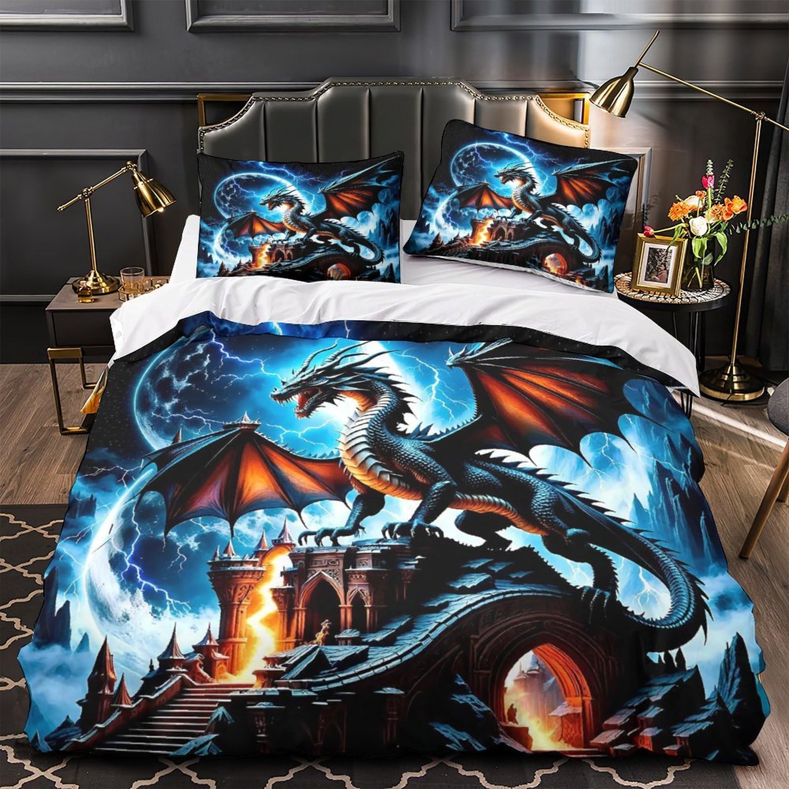 Housse de couette dragon 3 pièces grand lit super king size 260x220 microfibre pour garçons