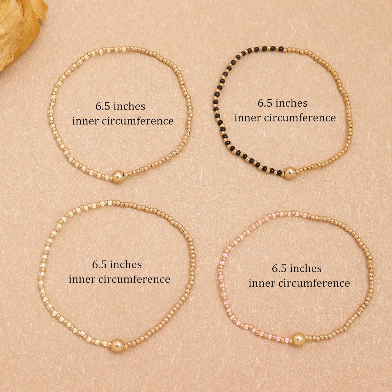 Small Black Pink Yellow Beige Beaded Stackable Friendship Bracelets Set for Women, 4Pcs Boho Handmade Gold Beads Stackable Stretch Summer Jewelry Gift. - Image 3