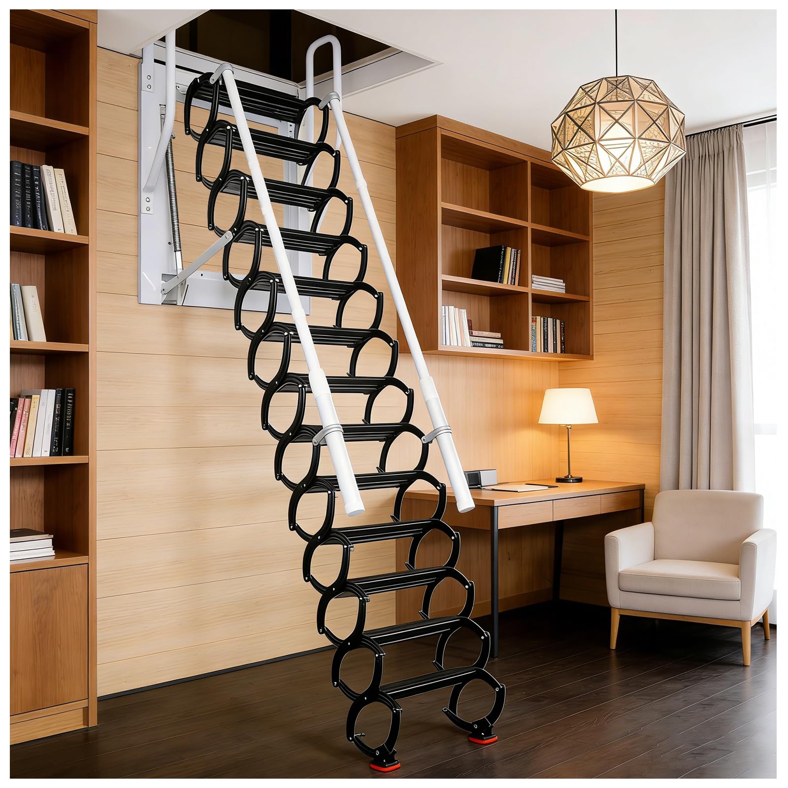 2.8m Escalier escamotable Mural, échelle télescopique métallique antidérapante avec système de Descente par poignée, Charge 300kg, apte à Domicile/entrepôt (Noir, 11 étapes)