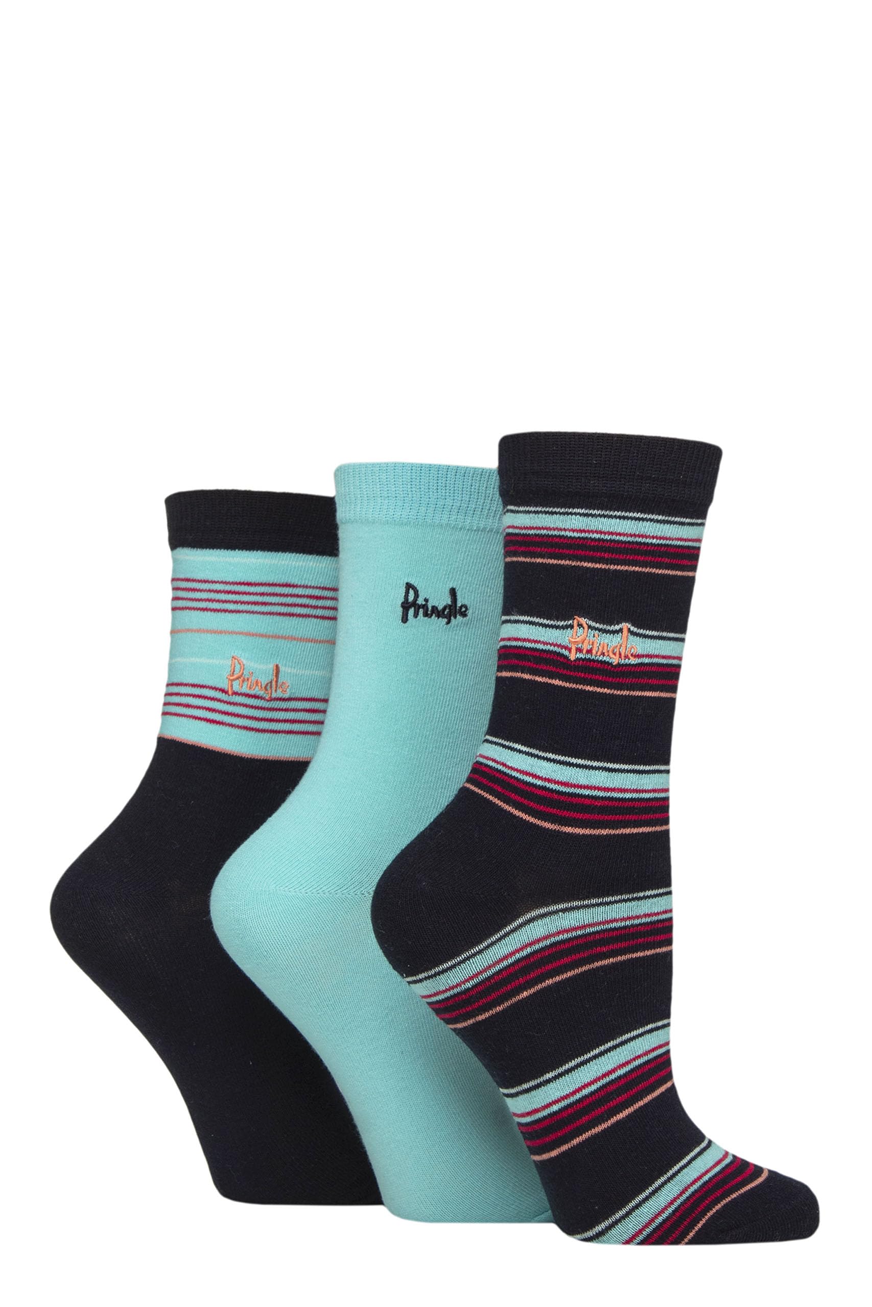 Pringle Of Scotland Women's Navy Multi Stripe Patterned Cotton Socks Pack Of 3 (Uk, Numeric, 4, 8, Regular, Regular, )