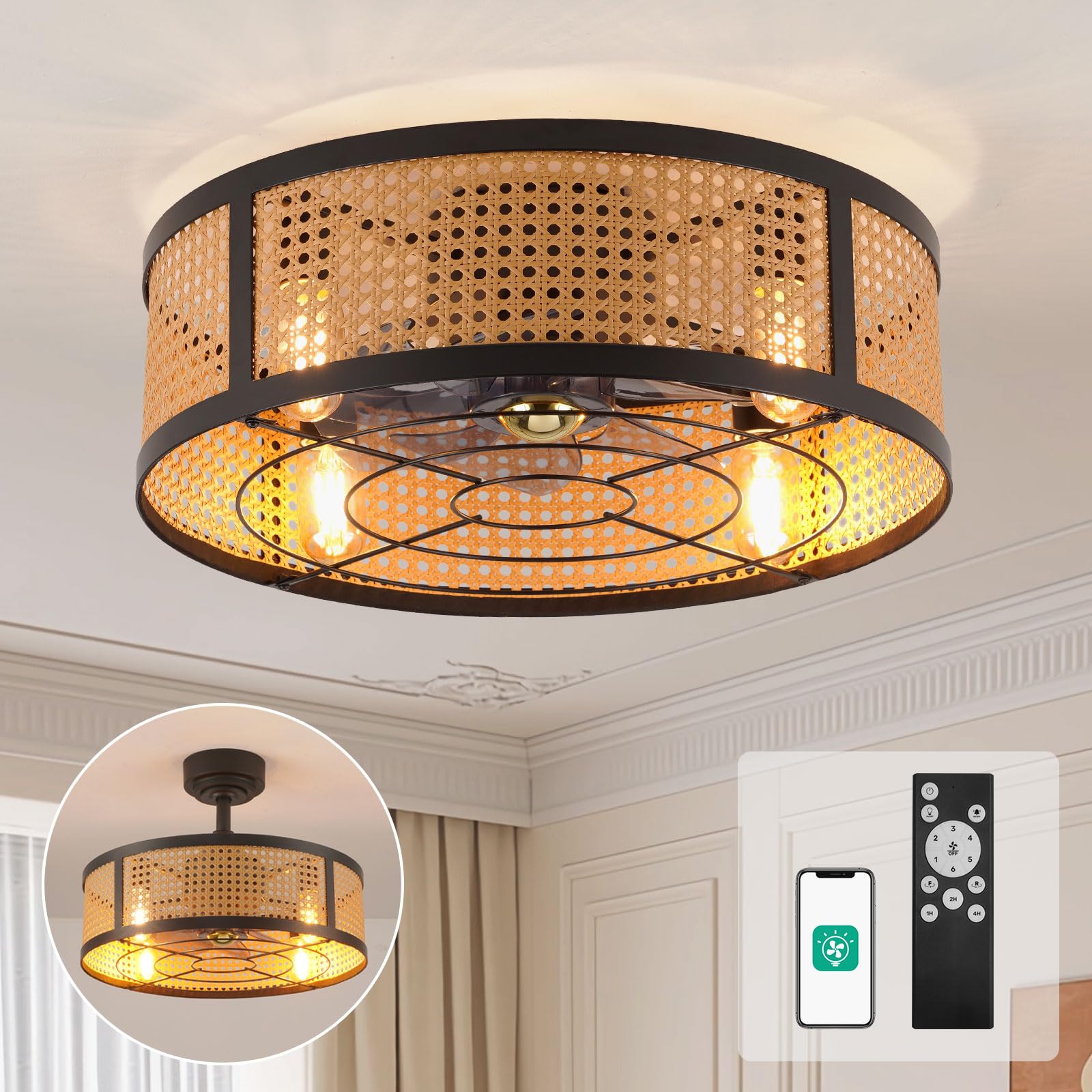 Orison 20" Boho Ceiling Fans with Lights, Caged Ceiling Fan and Remote Control, Rattan Fandelier Ceiling Fan, 6-Speed Reversible Motor, 4 Bulbs, Timer for Bedroom, Living Room, Kitchen