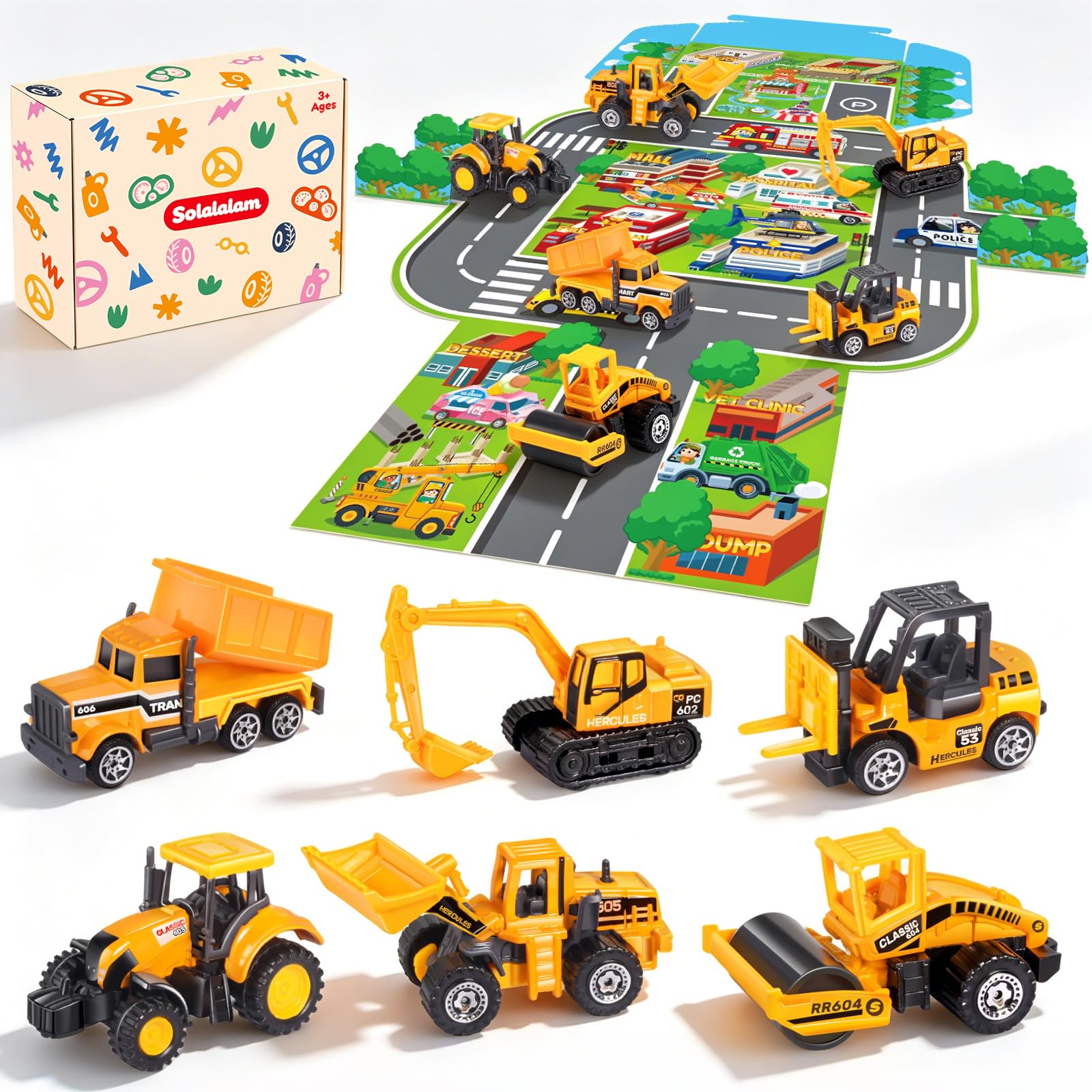 Solalalam Diecast Mini Construction Toys with City Map Kids Play Vehicles