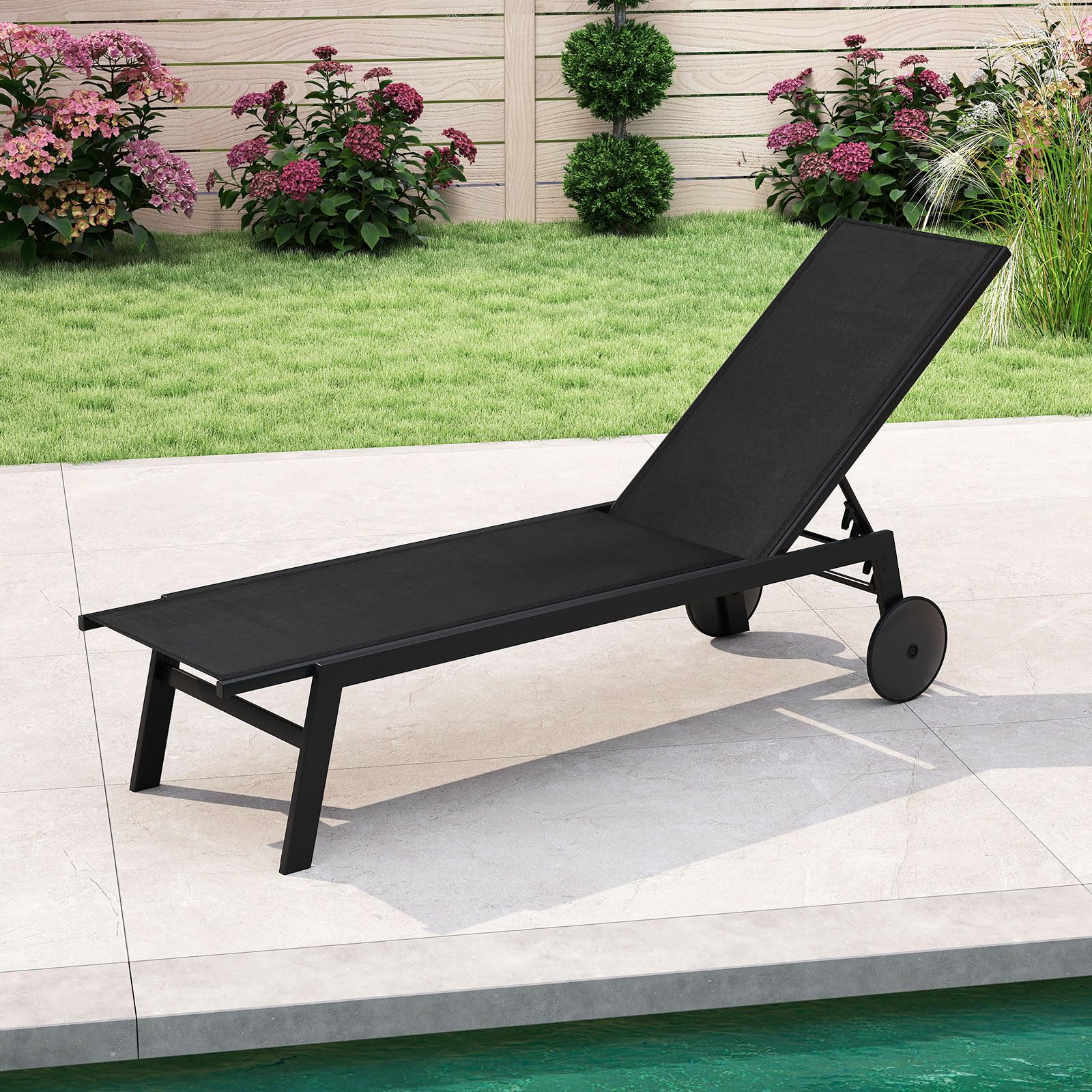 COSTWAY Lettino Prendisole da Giardino, Sdraio da Patio con Schienale Regolabile a 6 Posizioni, Tessuto Traspirante, 2 Ruote, per Piscina, Terrazza e Giardino, Portata 150 kg (Nero,1)