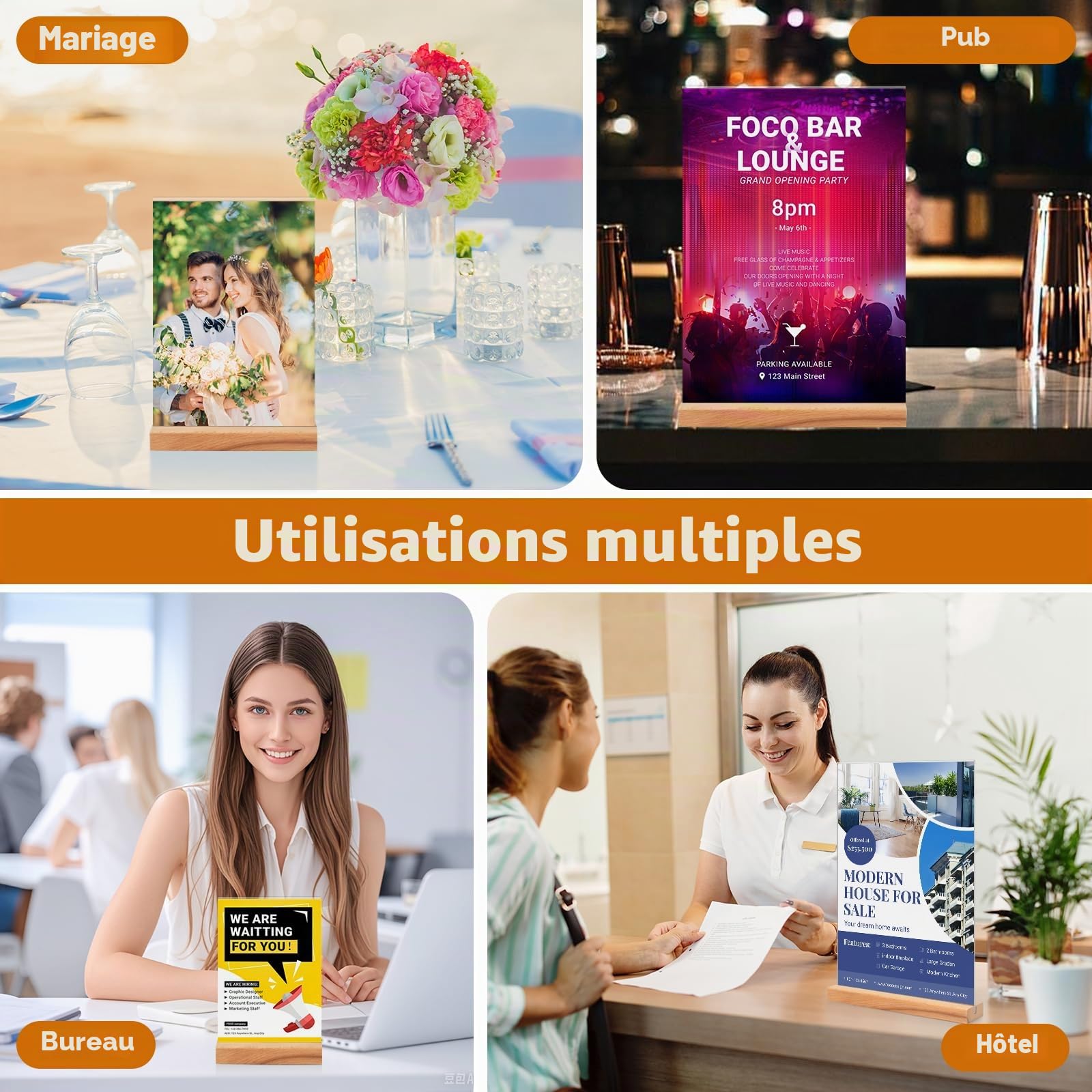 Lot de 4 Porte Affiche en Acrylique A5, Base en Bois T Forme Support Double Face Transparent, Cadre Photo en Plastique, Affichage de Menu Presentoir pour Réception, Bureau, Magasin, Restaurant, Hôtel