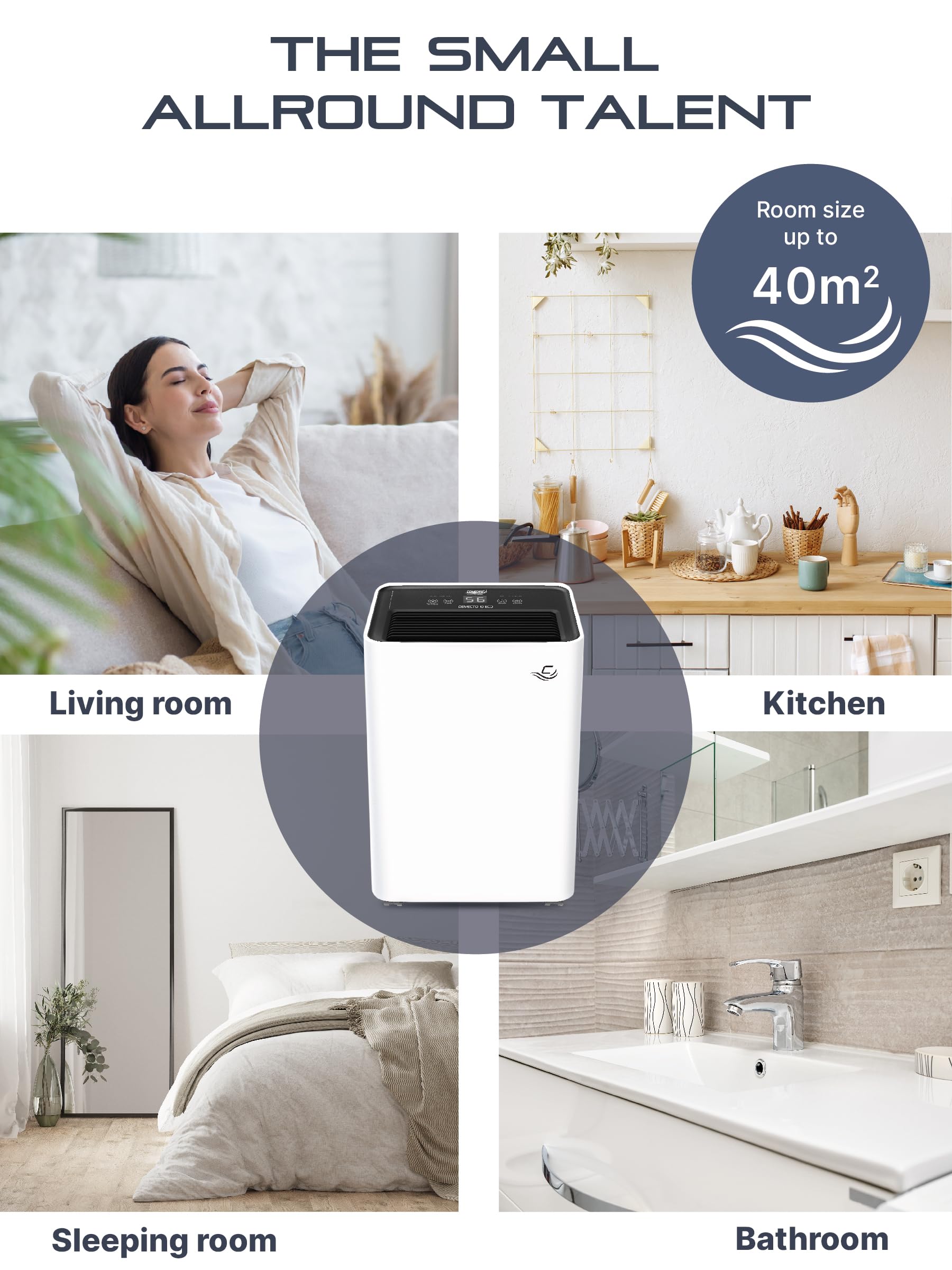 Deumidificatore silenzioso Comedes Demecto 10 eco efficiente per camera da letto e cameretta dei bambini, deumidificazione silenziosa ed elettrica fino a 40 m²