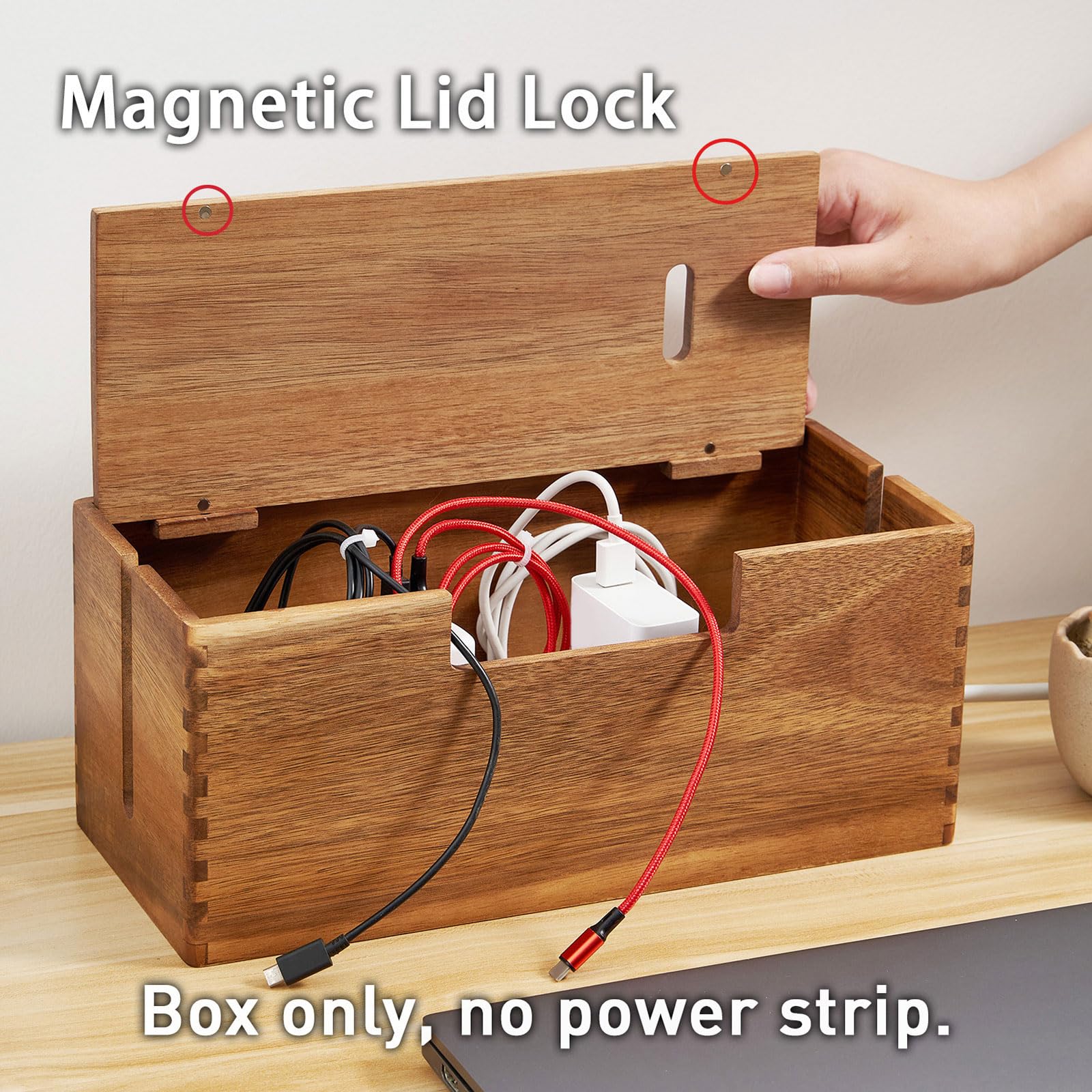 Caja organizadora de cordón de madera con cierre | Amplio espacio con canales de cable para regletas y cables para escritorio, oficina en casa, cocina