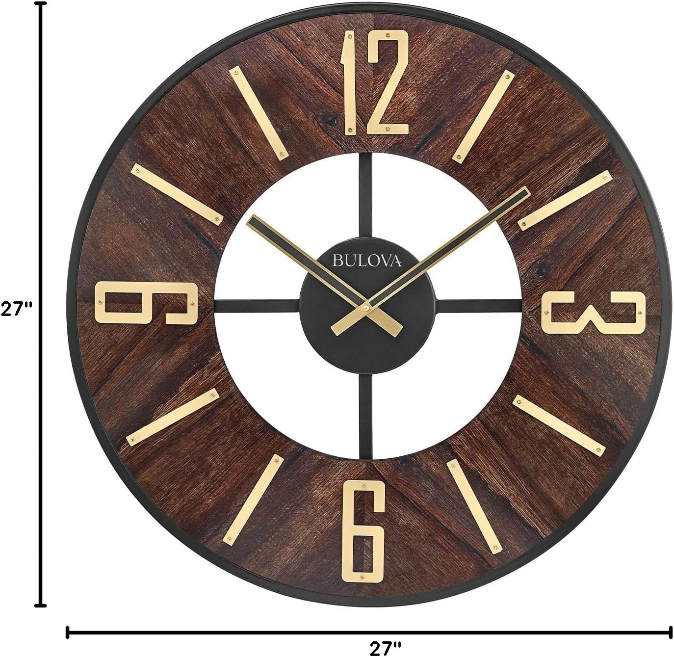 Bulova Boardroom Wall Clock C3394 | 27" Walnut Veneer Frame with Brass Accents | Quartz Movement | Battery Operated | Mid-Century Modern Gallery Design
