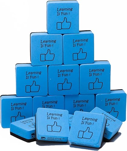 Charles Leonard Borradores de pizarra blanca, fieltro y espuma, Learning is Fun Style, 2 x 2, azul/negro, paquete de 15 (74549)