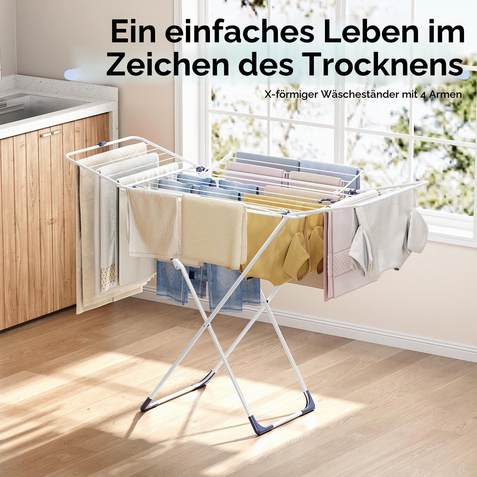 KINGRACK Wäschetrockner Metall, 18M Faltbarer Wäscheständer mit 4 Flügeln, Platzsparend Freistehender Lufttrockner, Innen & Außenverwendbar, 140 cm × 9,8 cm × 85,4 cm, Weiß