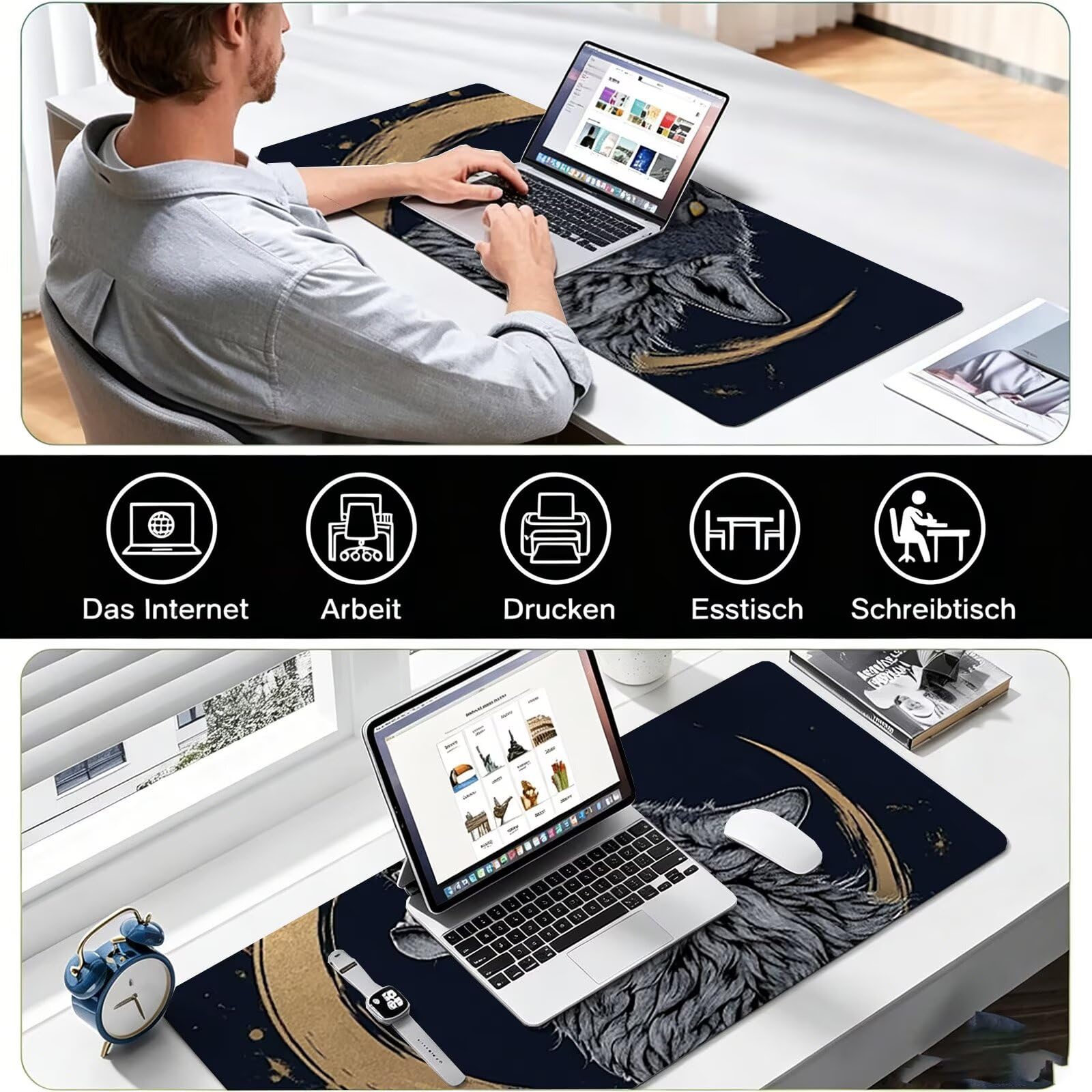 Tappetino Mouse Gaming, 1200x600mm Tappetino Mouse XXL nero 0c0-330 | Mouse Pad Grande, Ottimizzato per i Sensori da Gioco, Migliora Precisione e Velocità, per Mac e PC, lupi